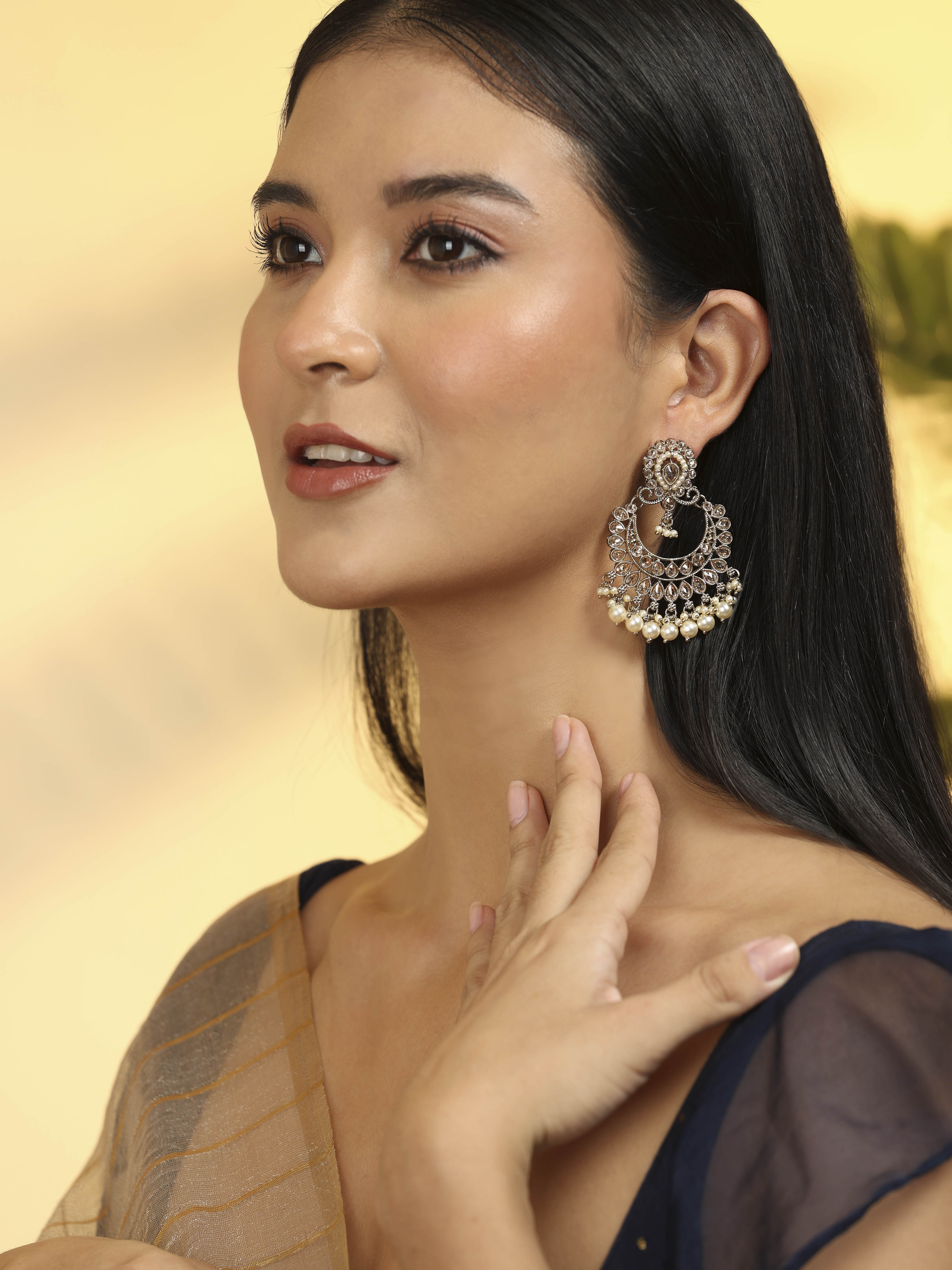 Pearl Gold Plated Brass Chaandbali Earrings image number 1