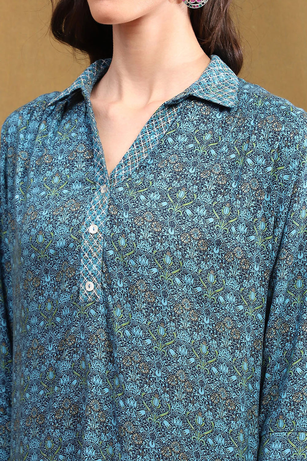 Blue Floral Printed Straight Kurti image number 1
