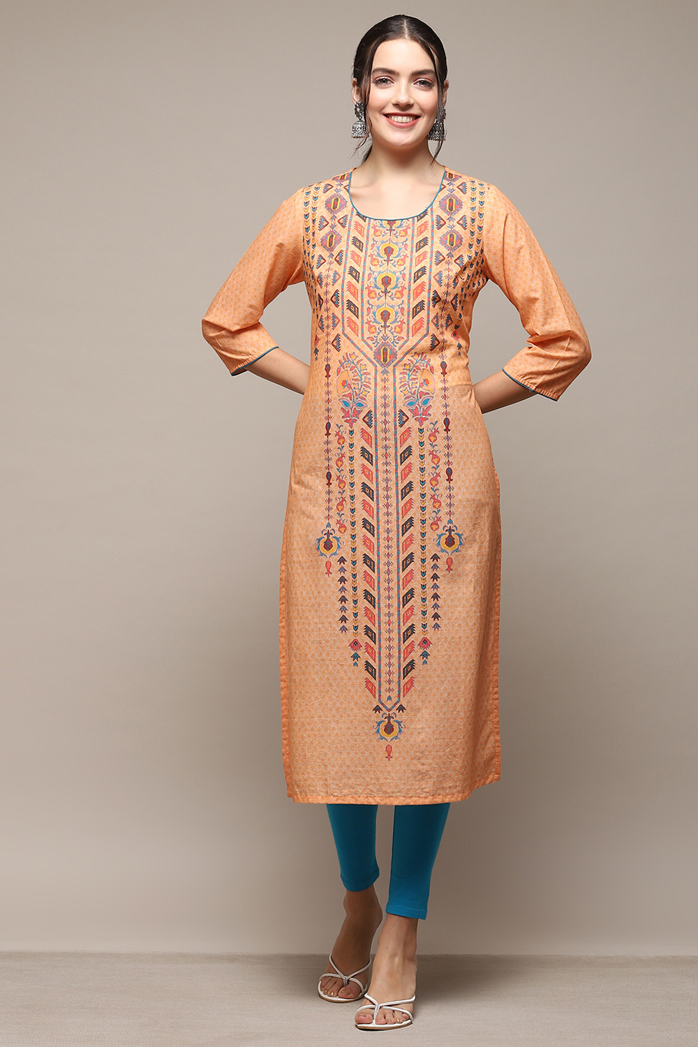 Green Cotton Blend Straight Printed Kurta image number 5