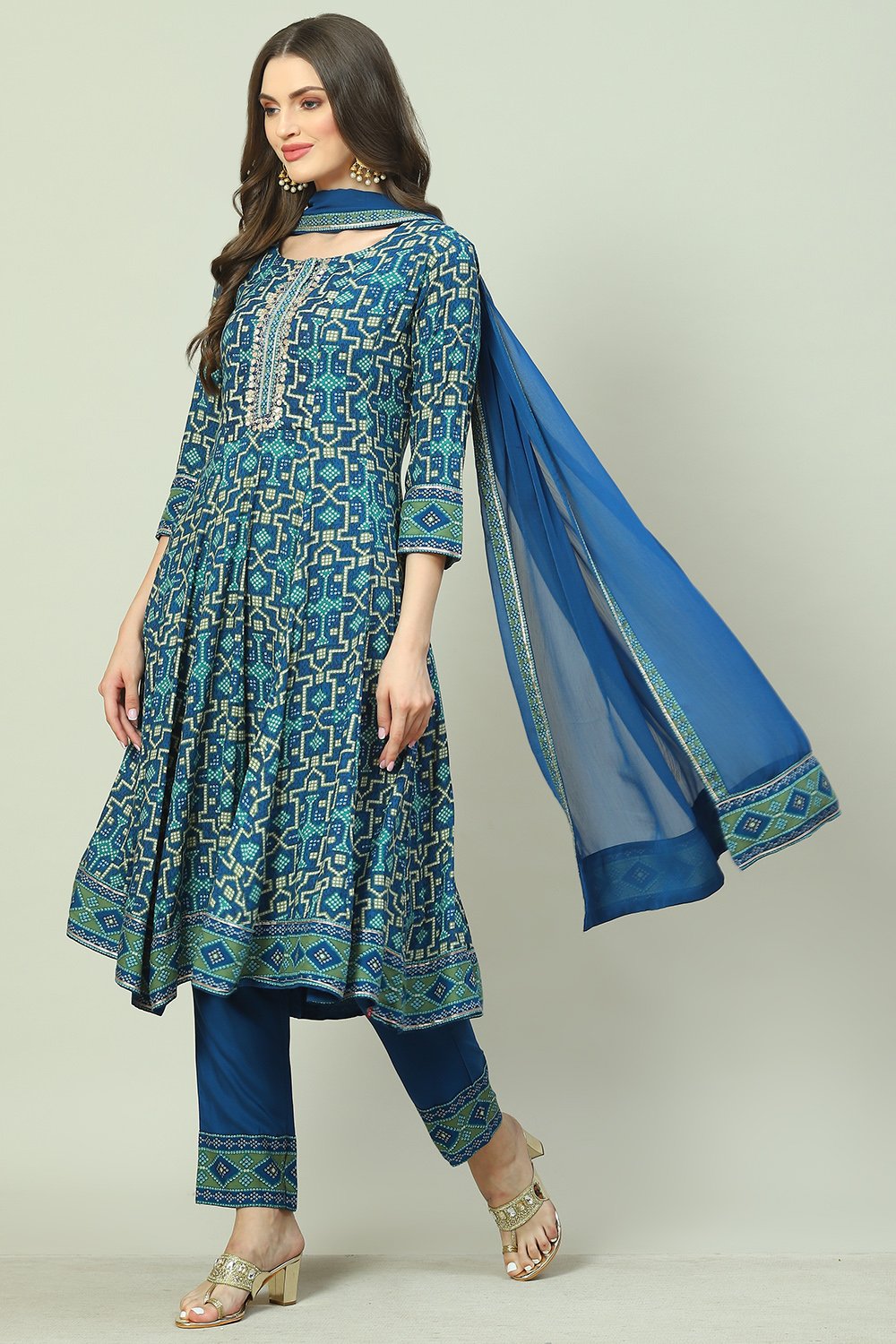 Indigo LIVA Kalidar Kurta Pant Suit Set image number 6