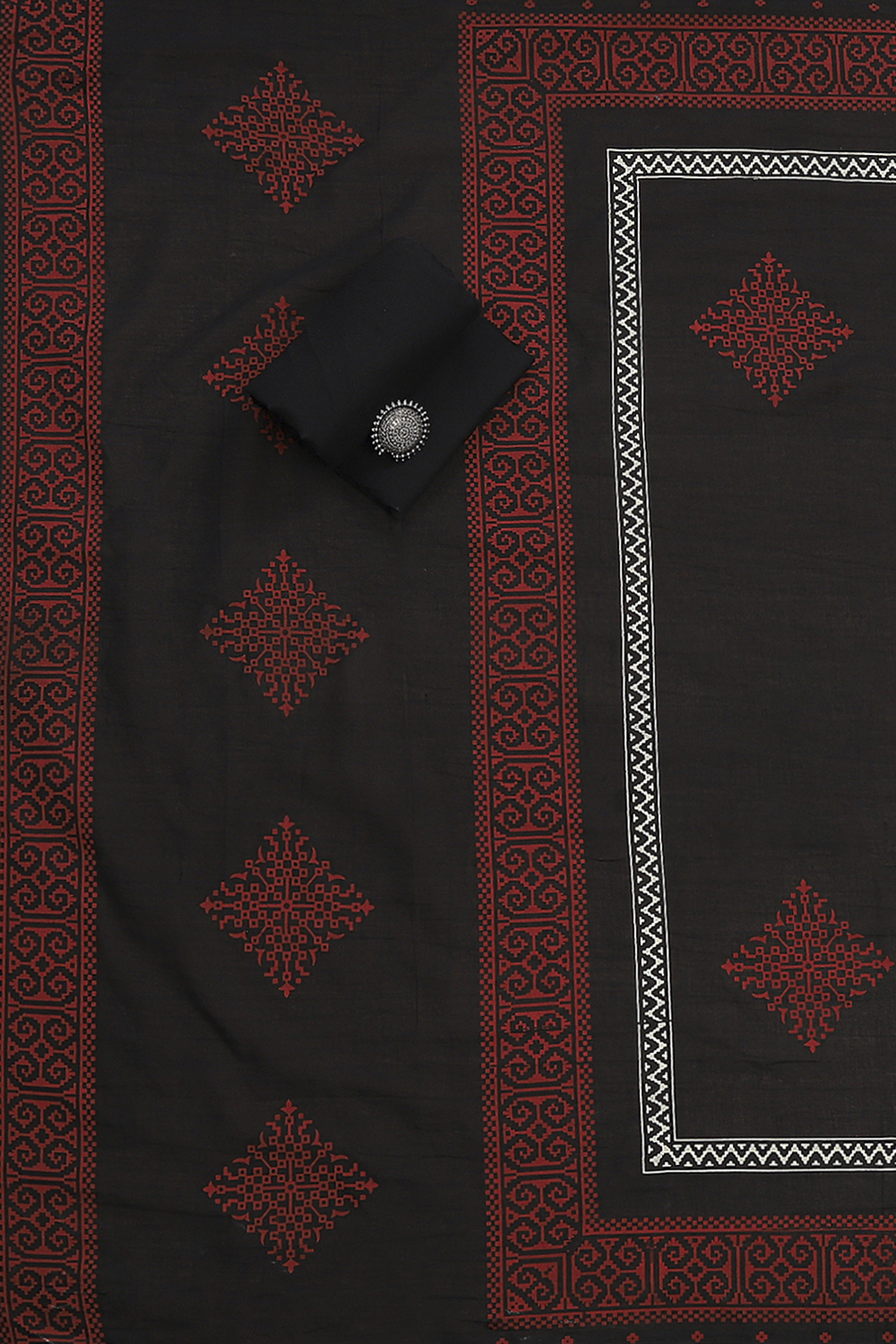 Off-White-Red Flex Hand Block Print Unstitched Suit Set image number 3