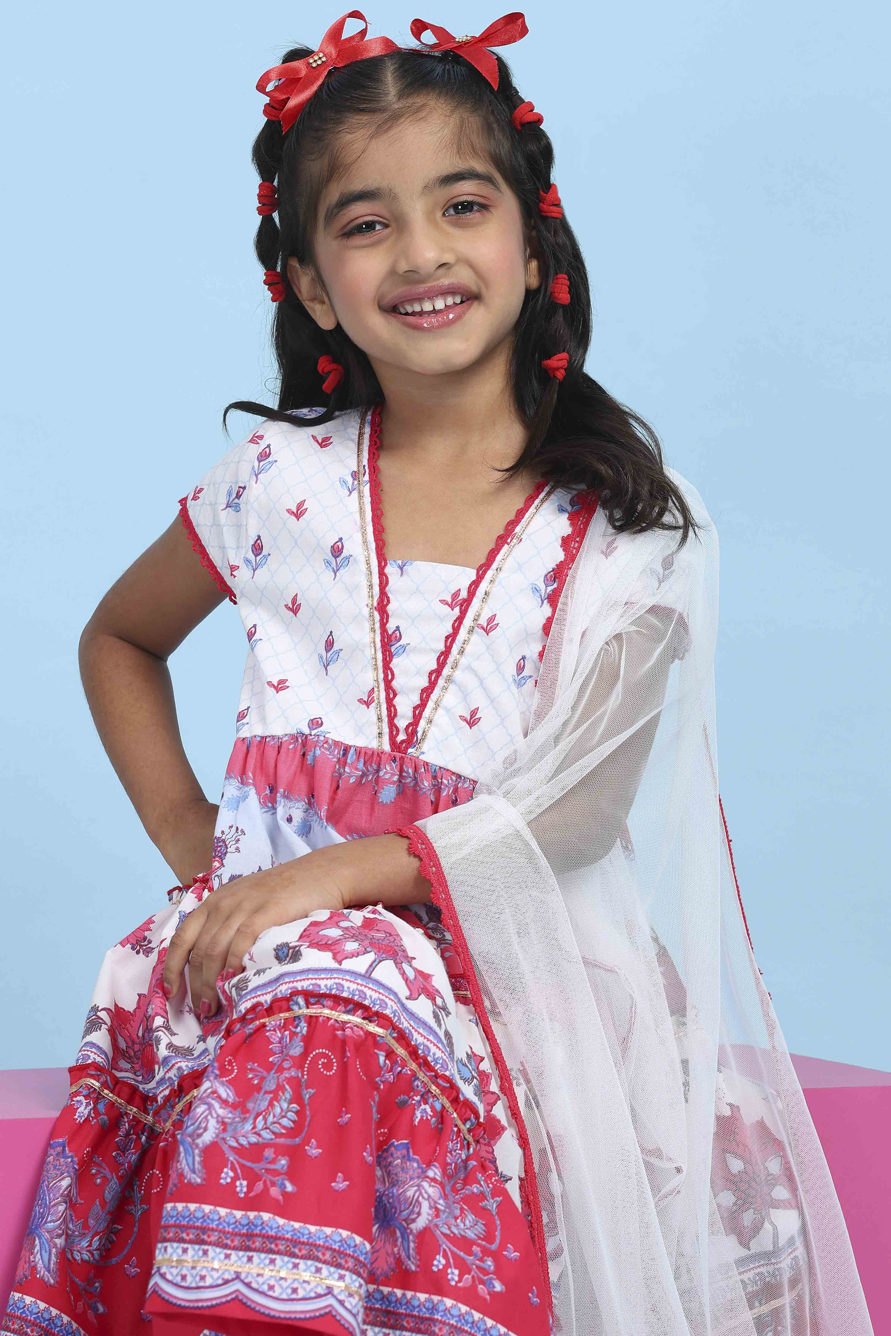 White Cotton Printed Tiered Suit Set image number 7