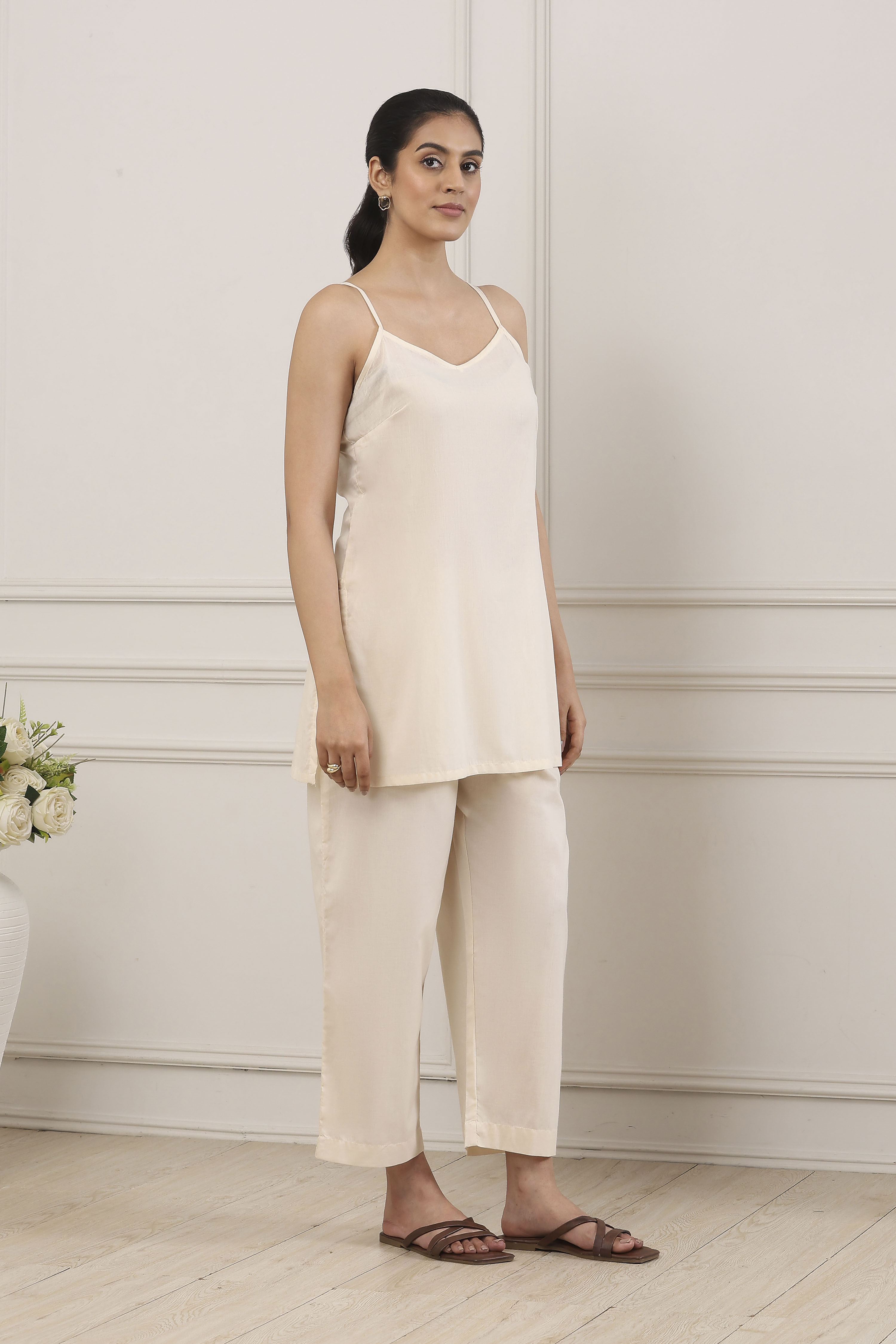 Beige Cotton Straight Suit Set image number 6