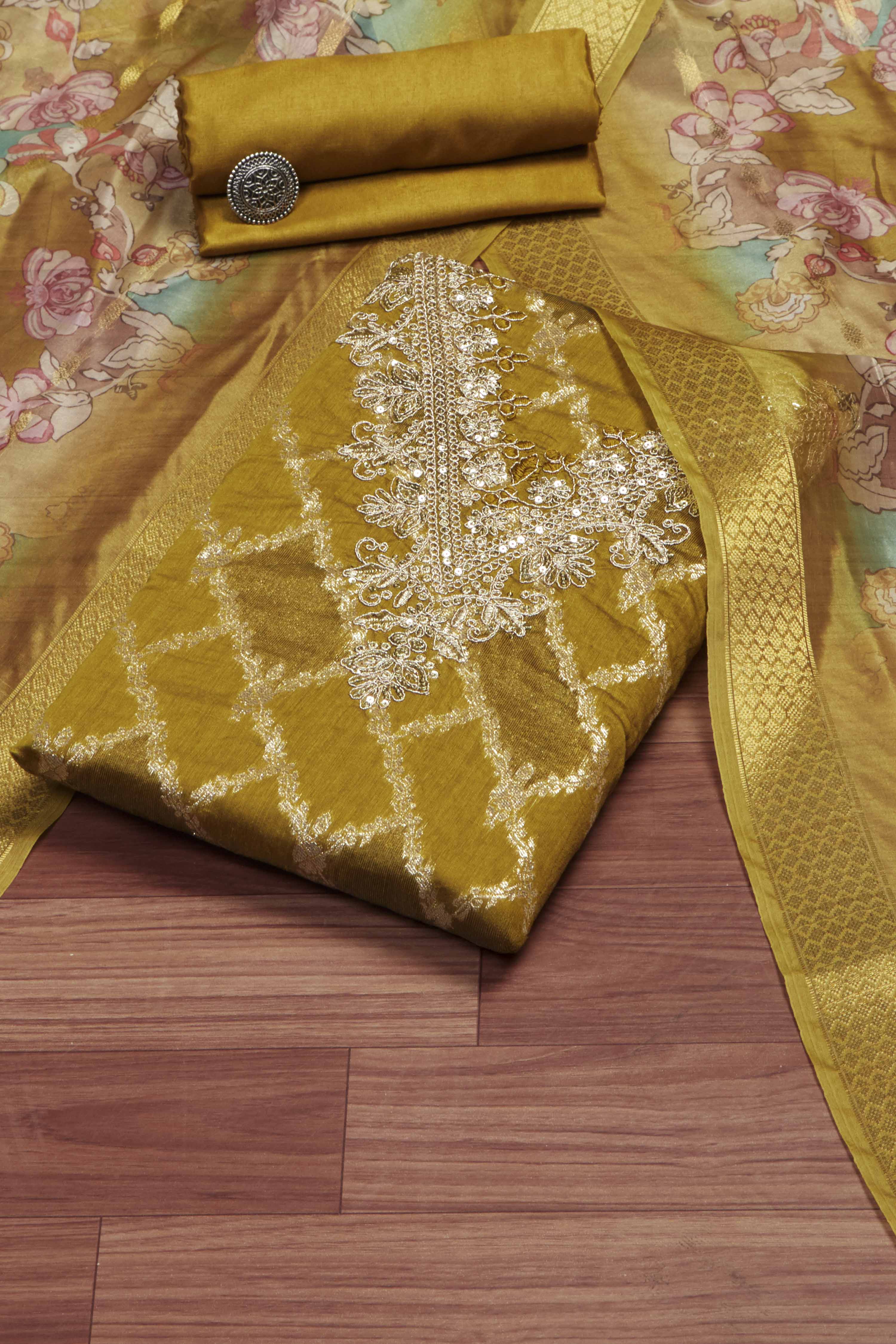 Olive Organza Unstitched Suit Set image number 0
