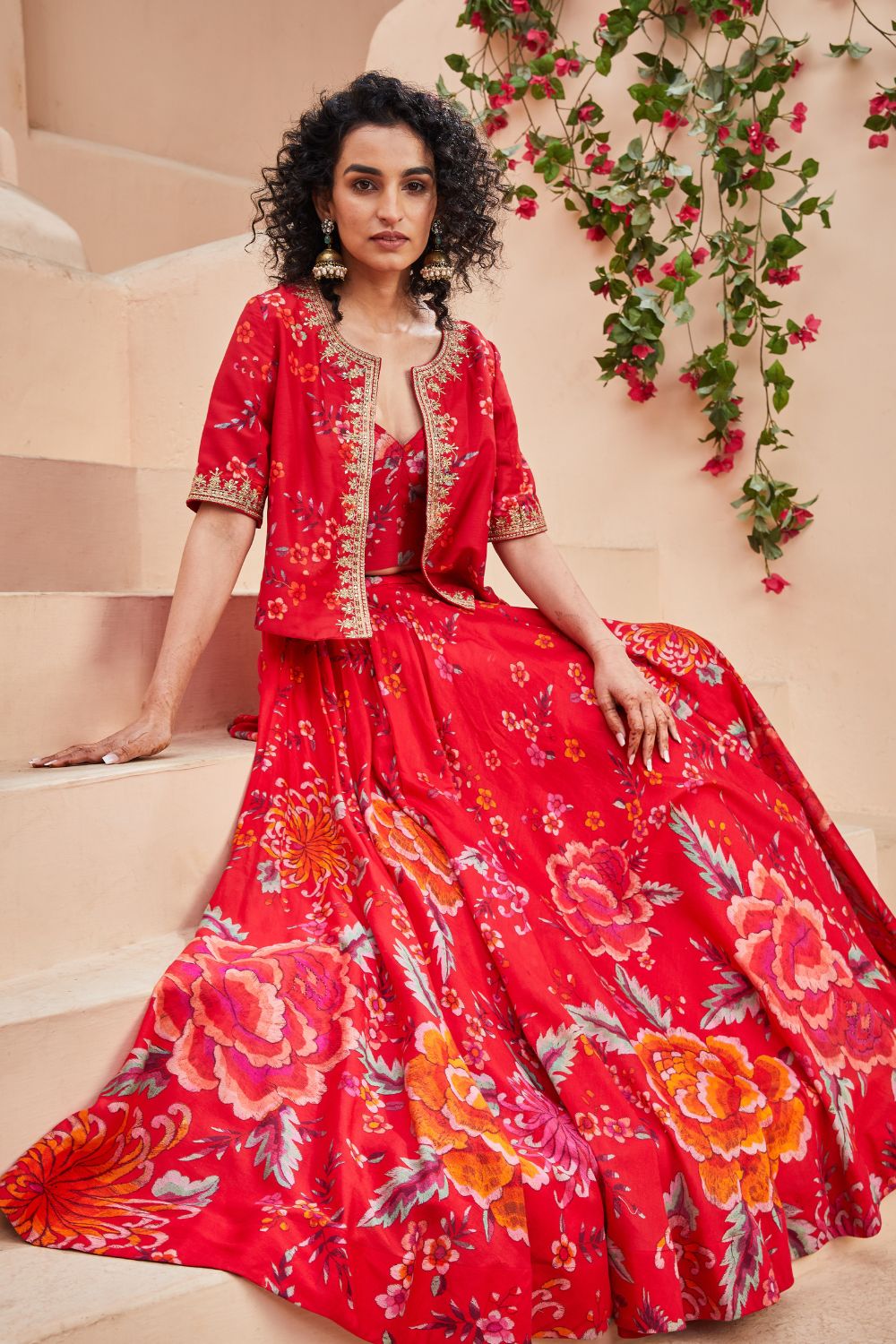 Red Floral Printed Flared Lehenga Set with Jacket image number 0