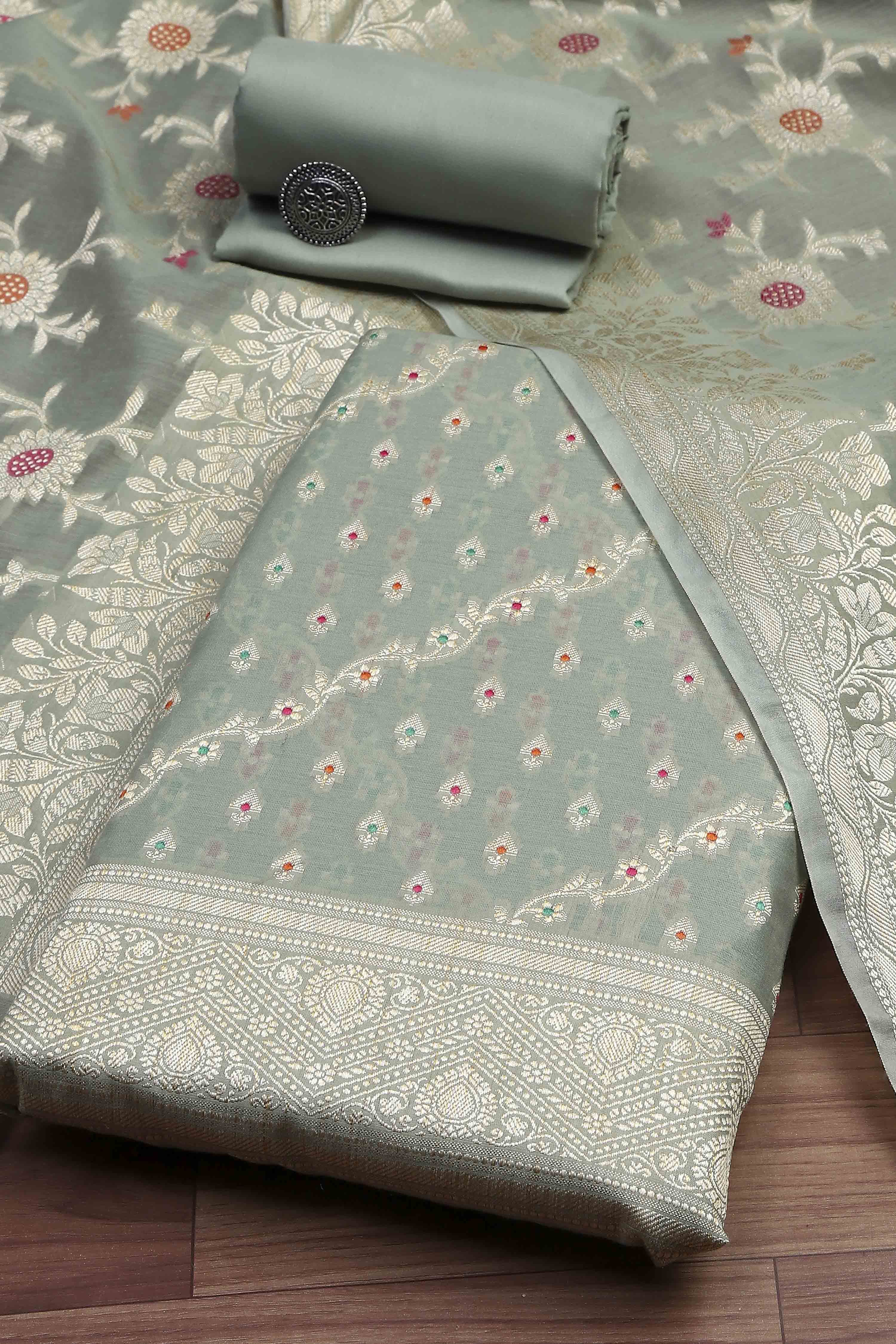Light Green Cotton Printed Embroidered Unstitched Suit Set image number 0