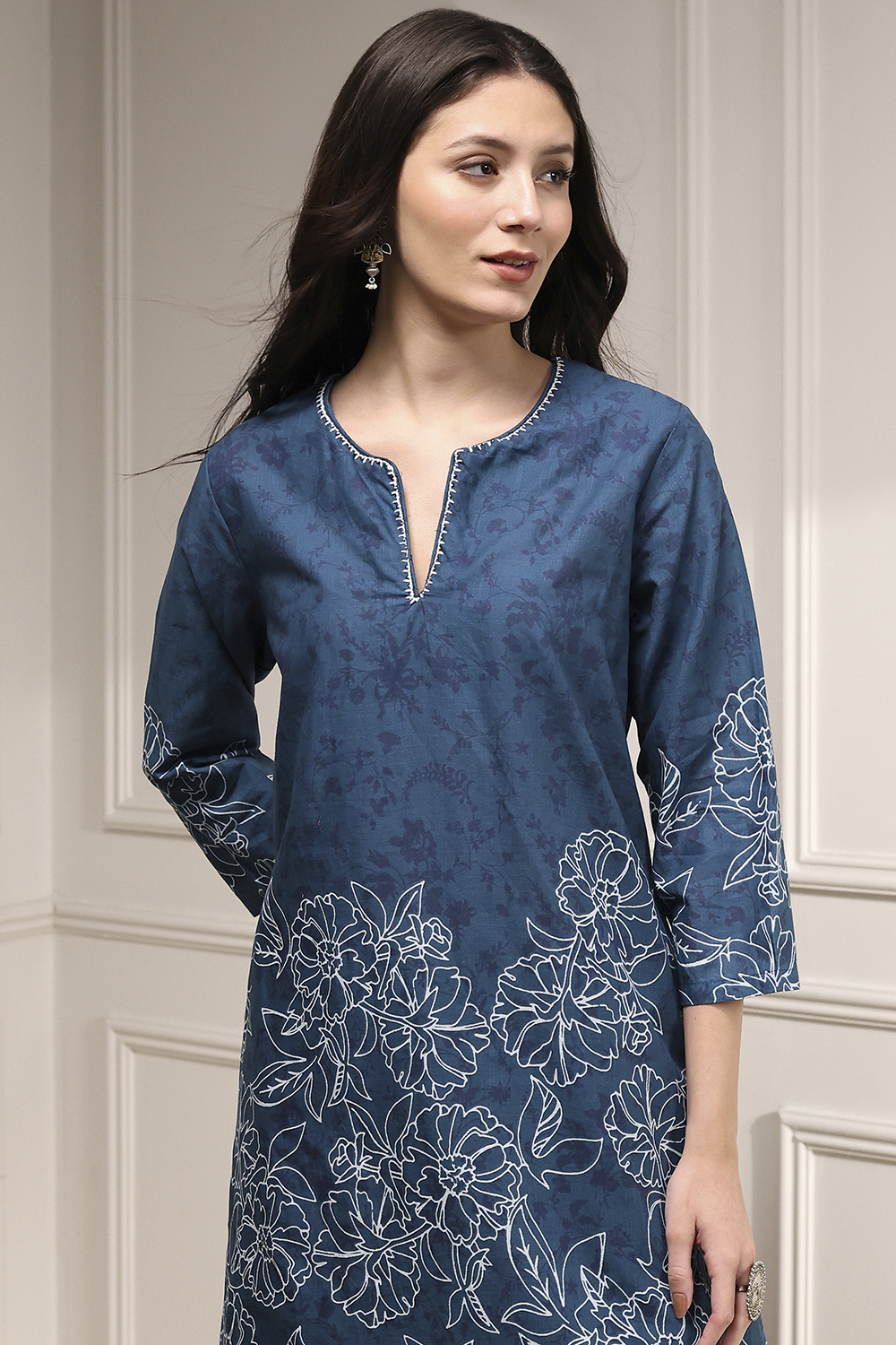 Teal Blue Cotton Printed Straight Suit Set image number 1