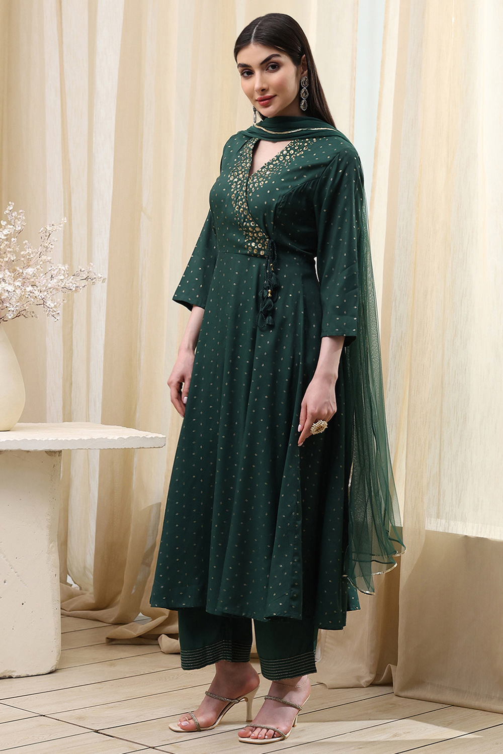 Dark Green Shantoon Printed Anarkali Suit Set image number 3