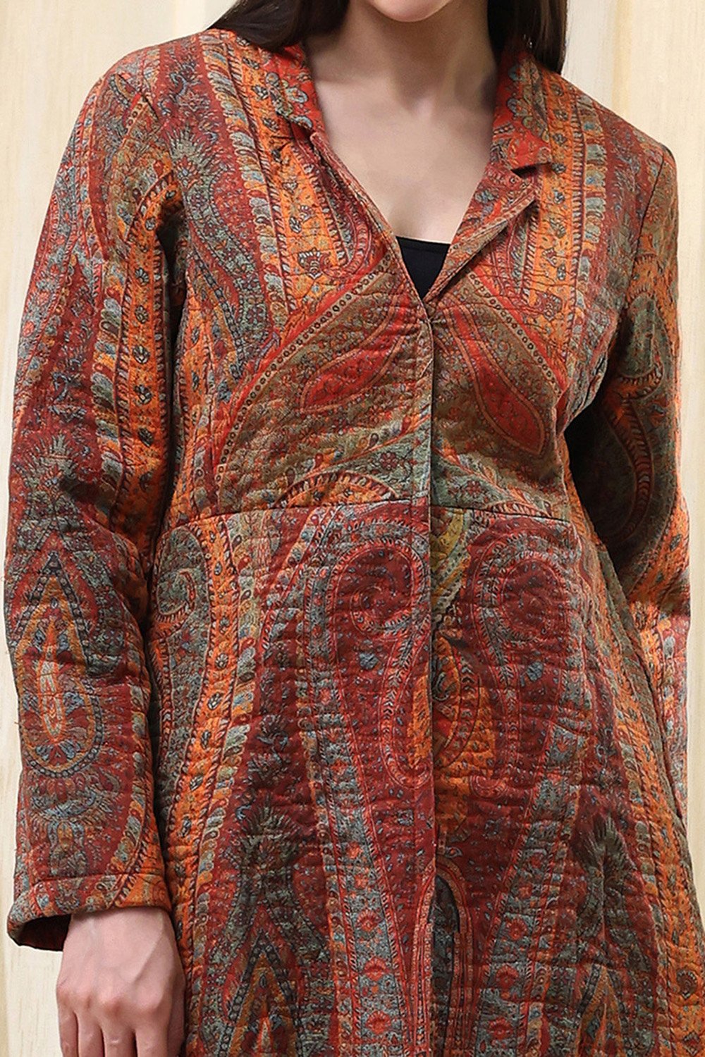 Burnt Orange Rayon Straight Printed Jacket image number 1