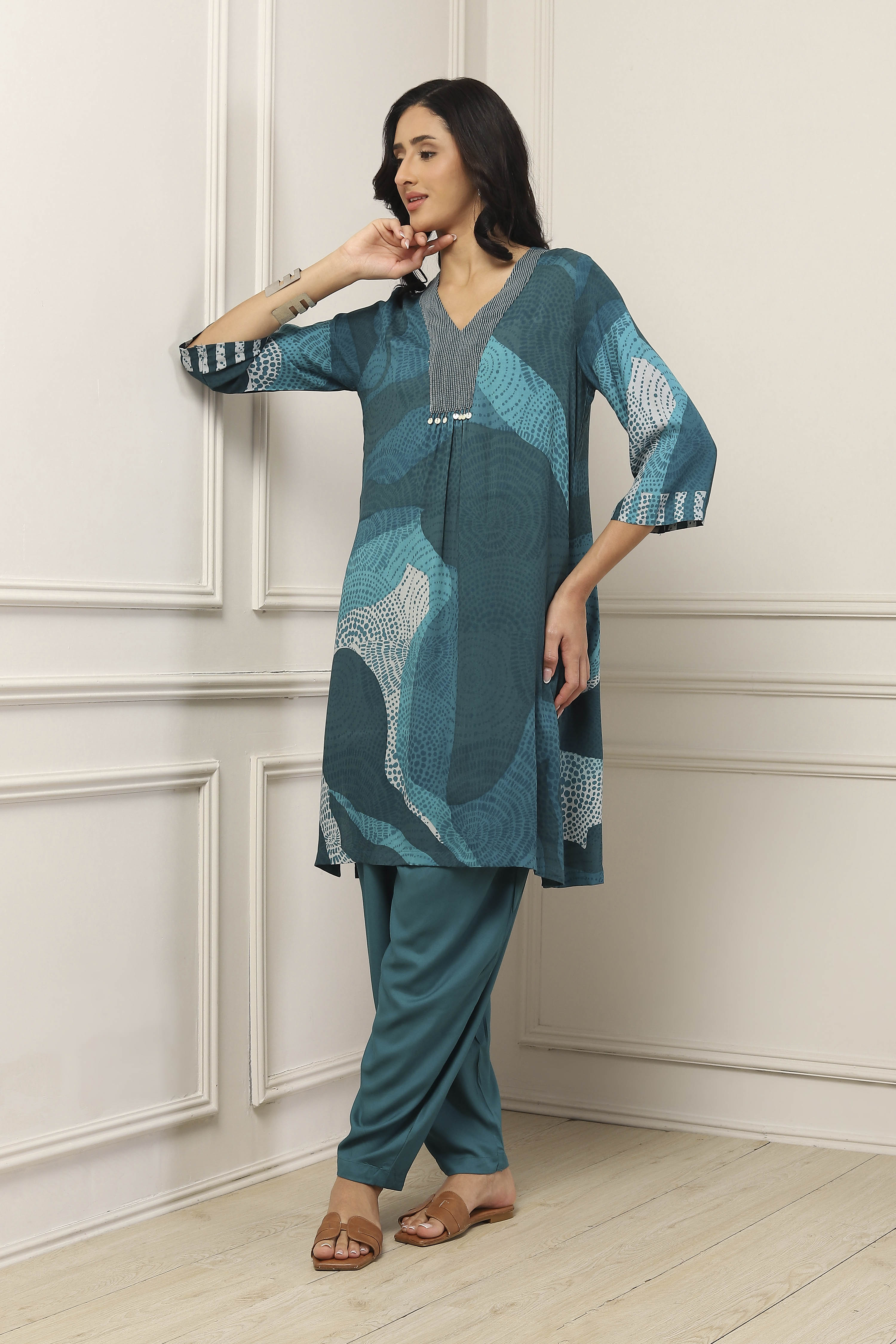 Teal Viscose Rayon Abstract Printed Straight Suit Set image number 0