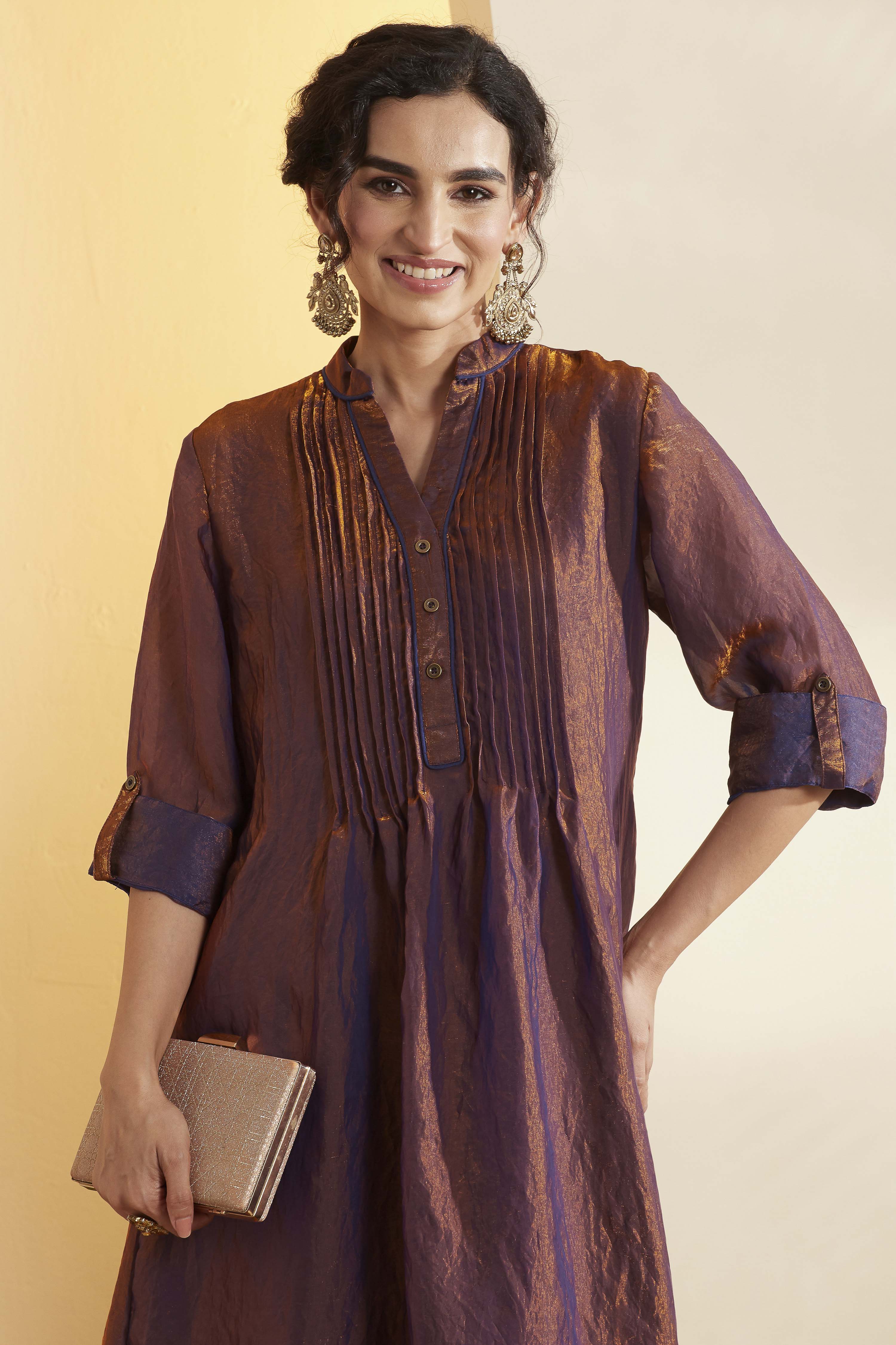Purple Poly Satin Yarndyed Straight Kurta Set image number 1