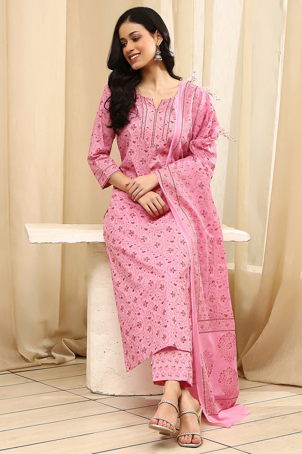 Pink Cotton Screen Print Unstitched Suit Set image number 1