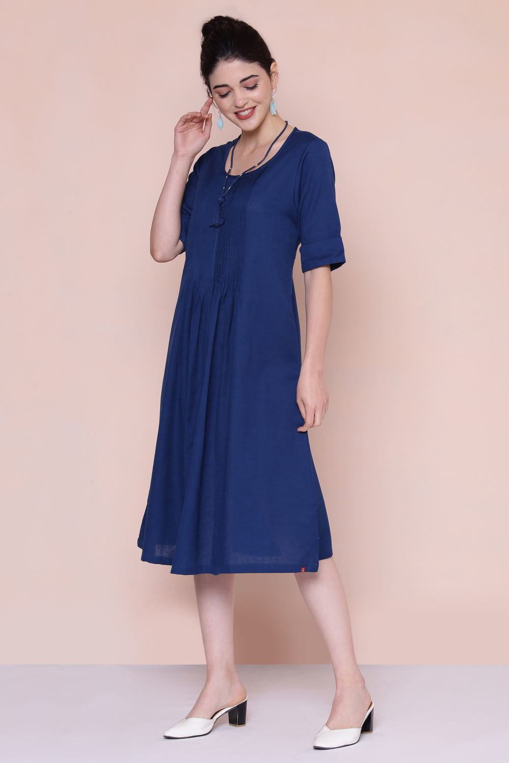 Mustard Cotton A-line Flax Solid Kurta Dress image number 2