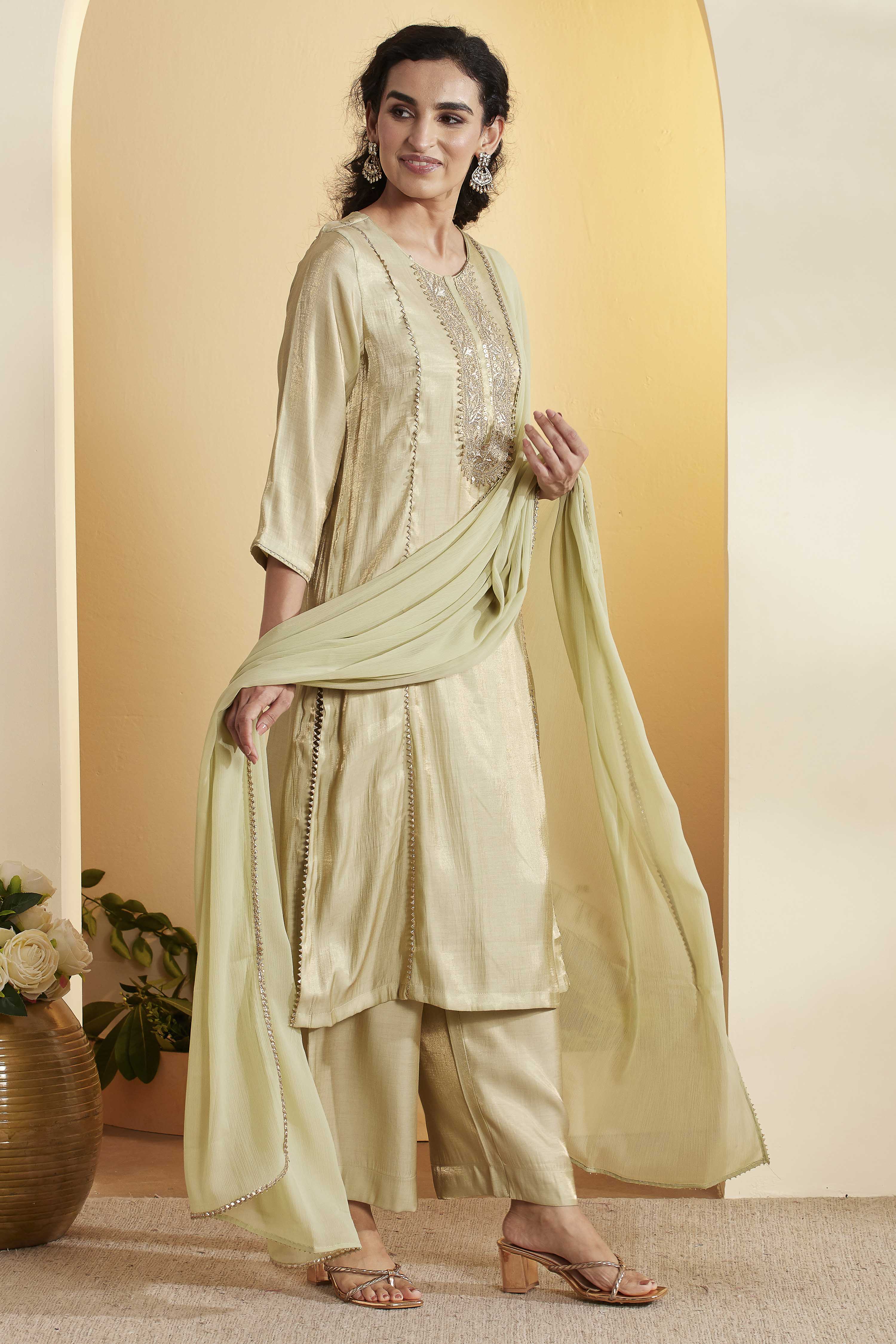 Pista Green Viscose Blend Yoke Design Straight Kurta Set image number 4