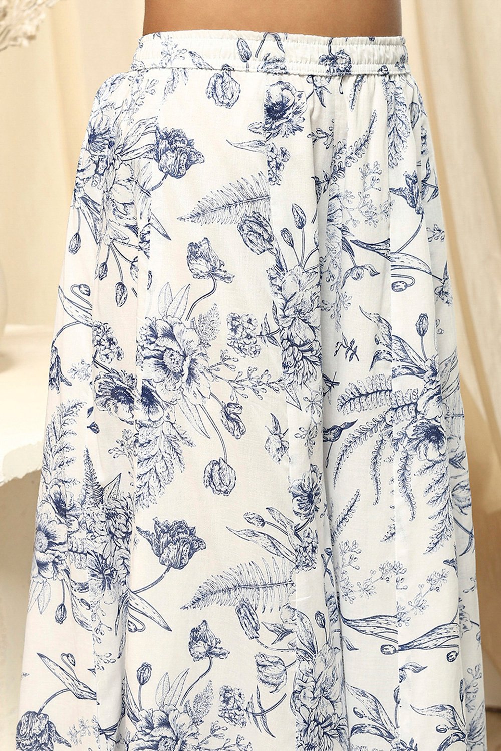 Off-White and Blue Cotton Flared Kurta Set image number 2