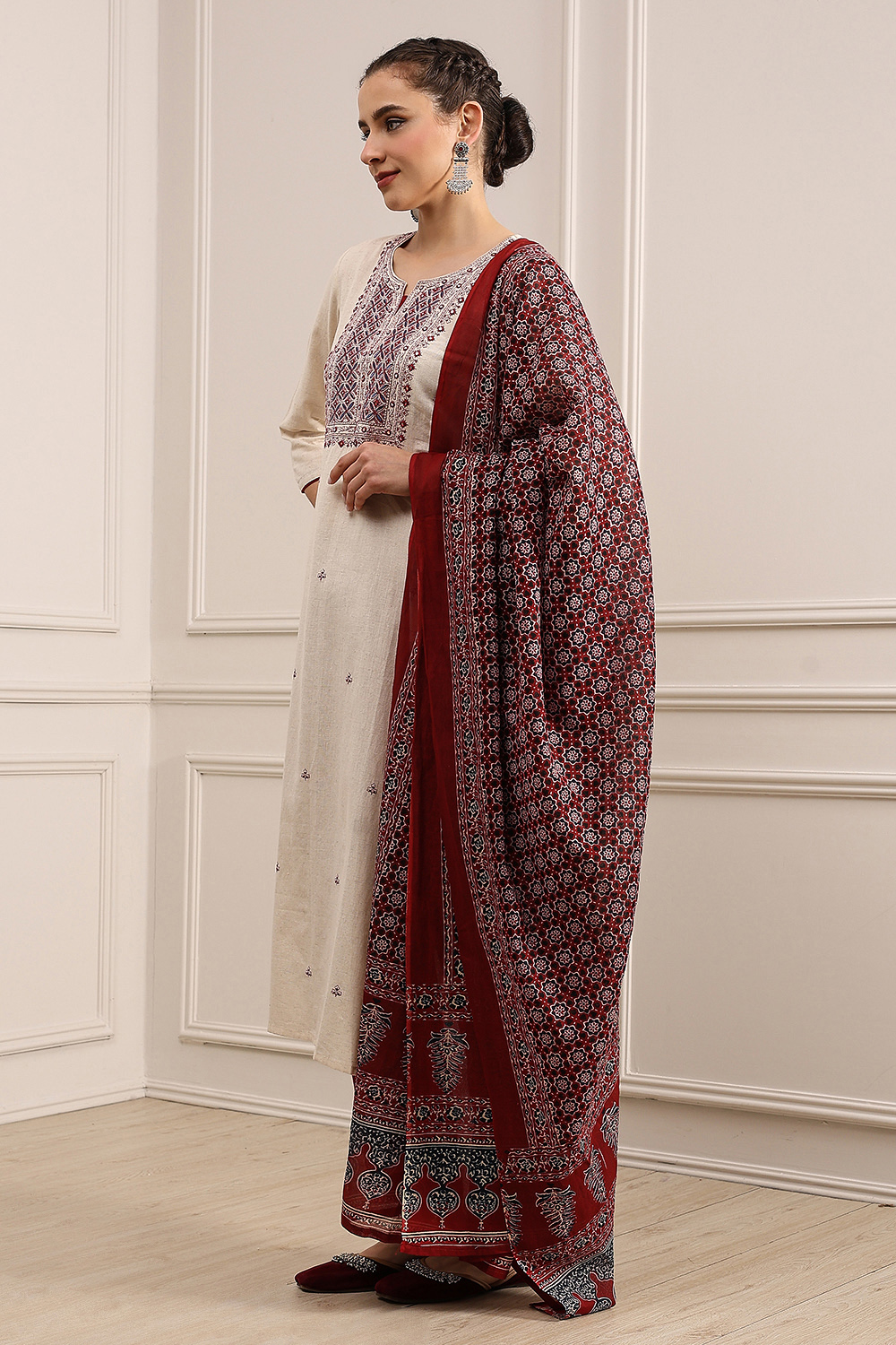 Beige Cotton Machine Embroidered Unstitched Suit Set image number 5