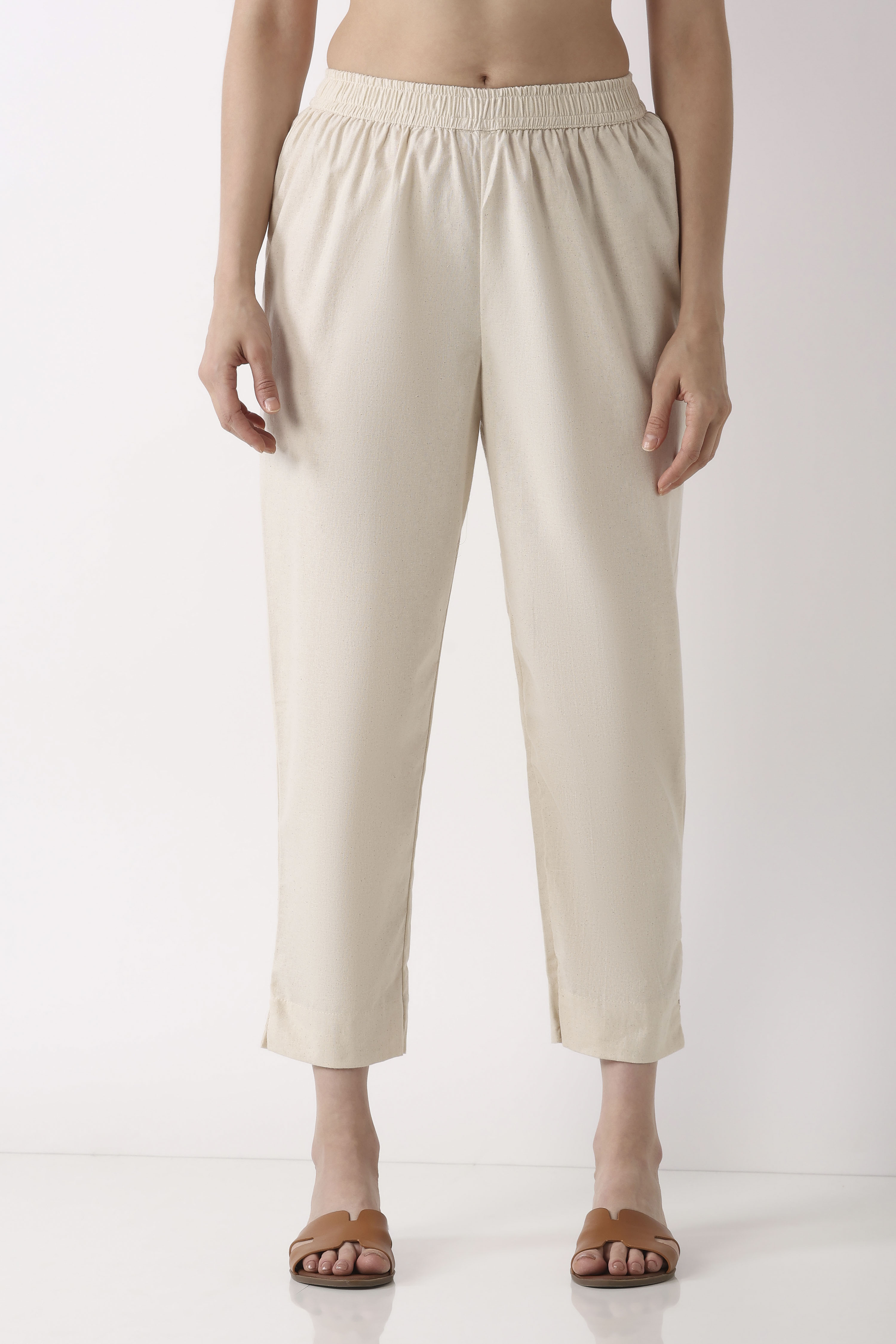 Light Beige Cotton Narrow Pants image number 4