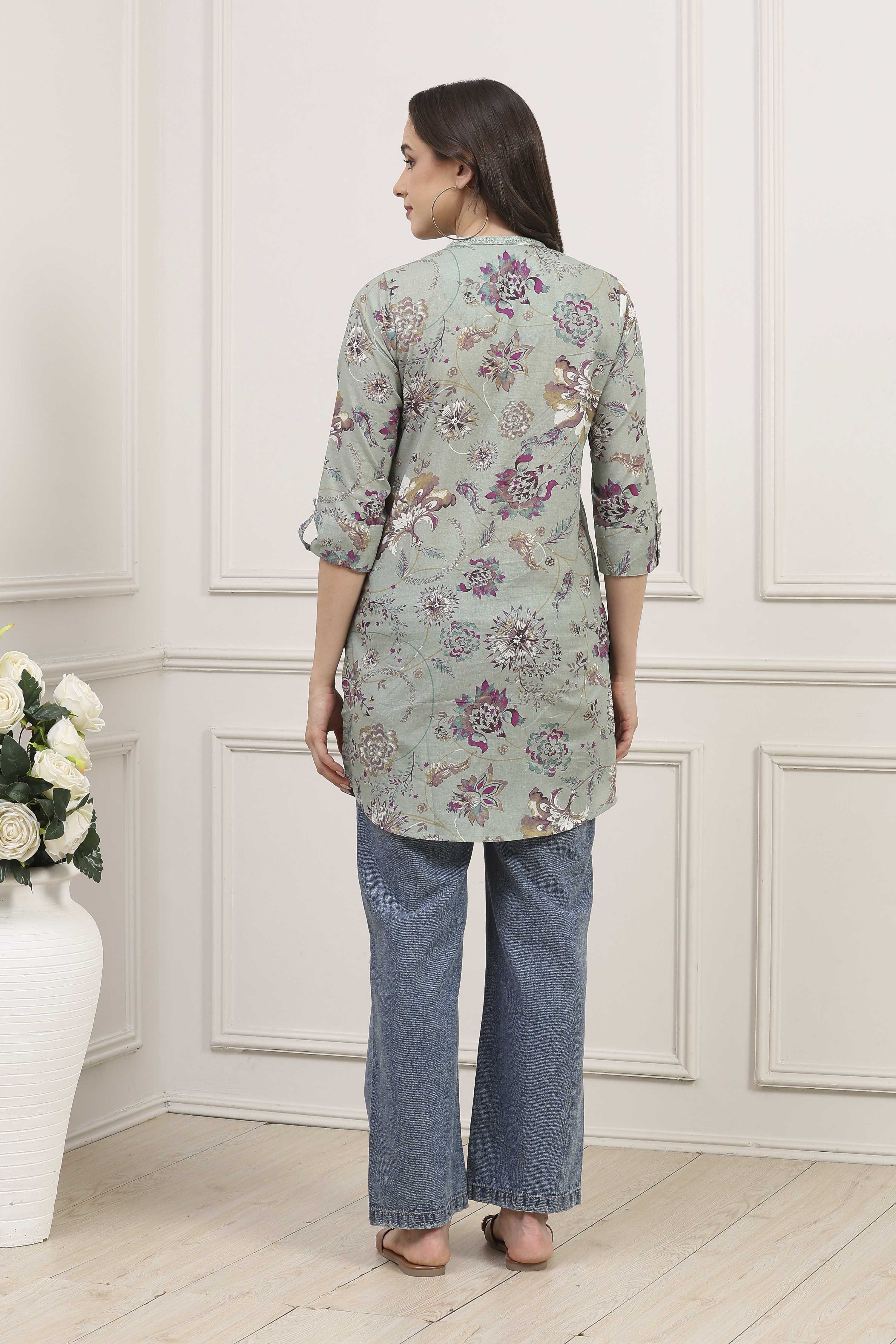 Green Cotton Printed Straight Kurti image number 3