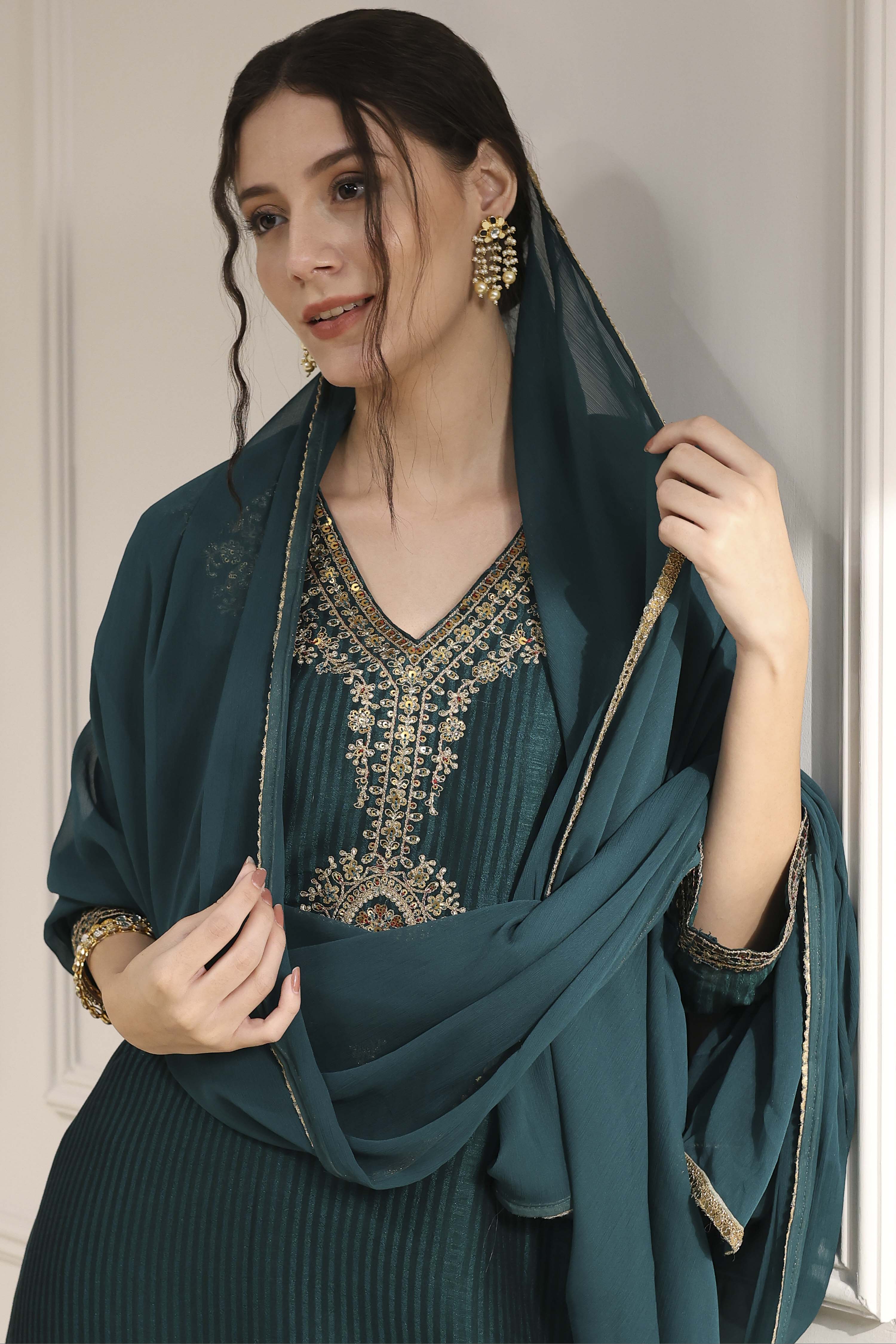 Green Striped Straight Suit Set image number 0