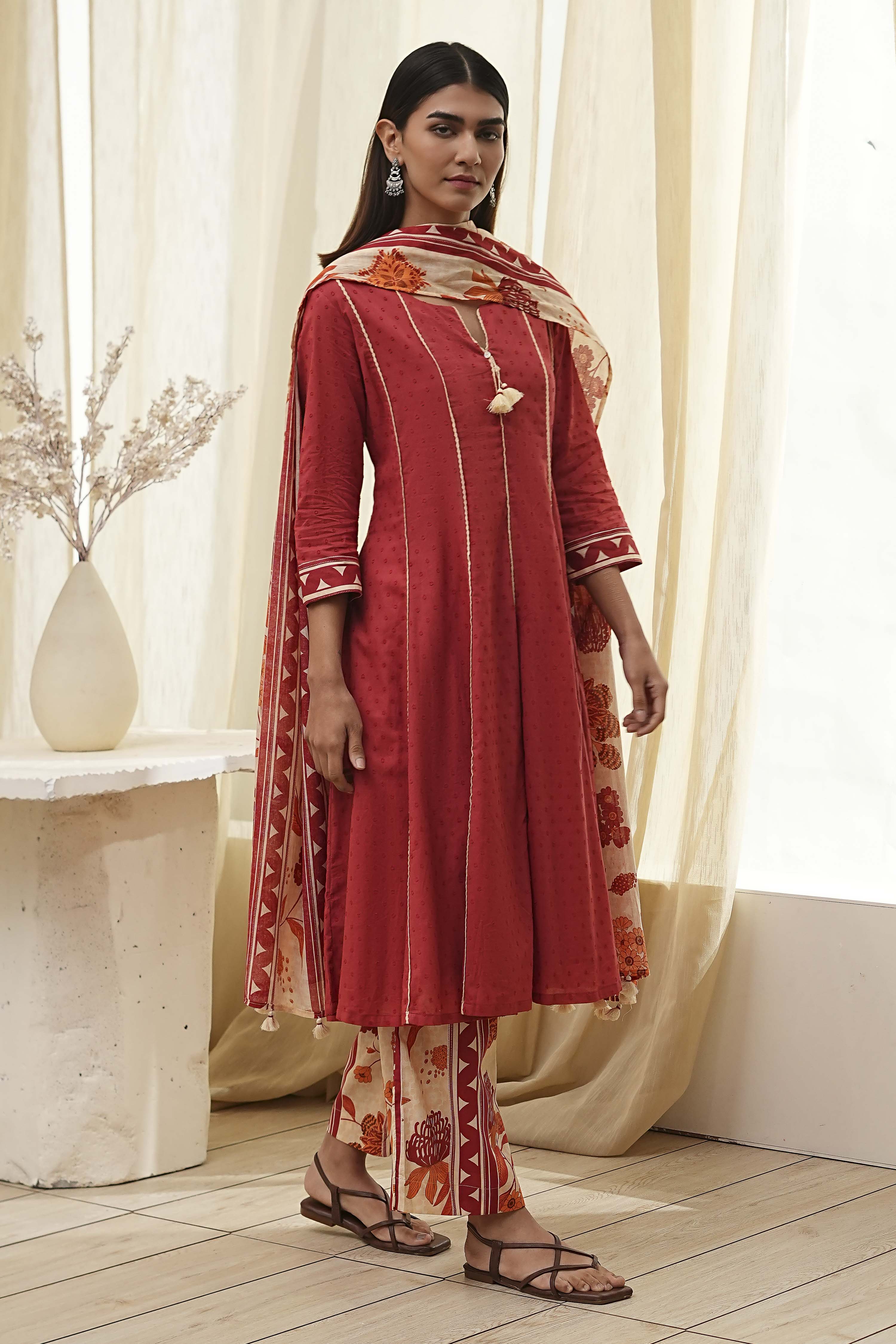 Rust Cotton Yarn-Dyed Kalidar Suit Set image number 5