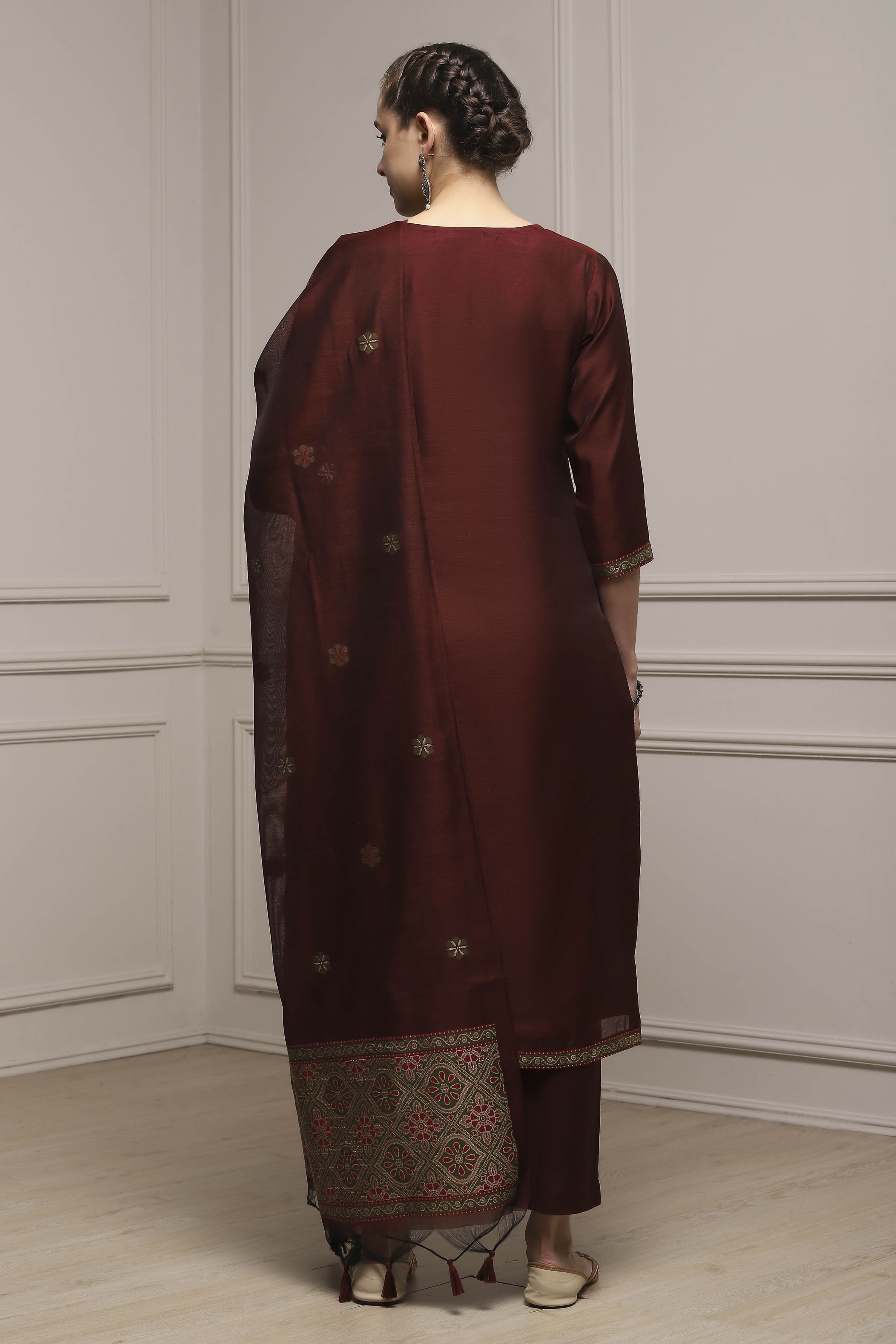 Maroon Chanderi Blend Handloom Unstitched Suit Set image number 5