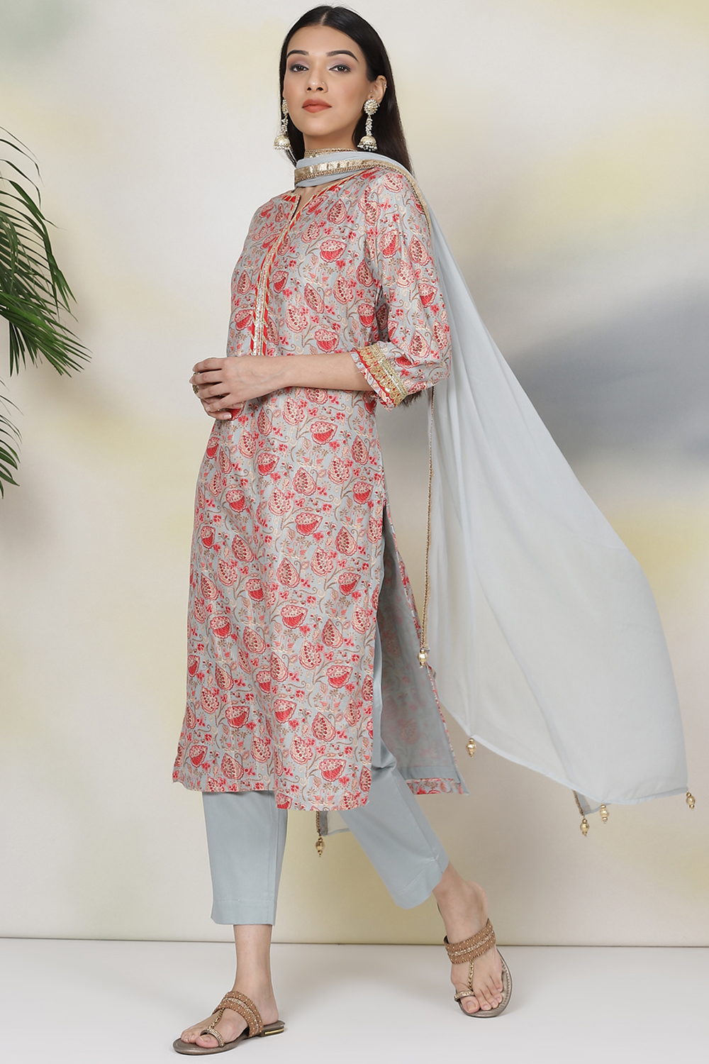 Tea Green Poly Metallic Straight Suit Set image number 4