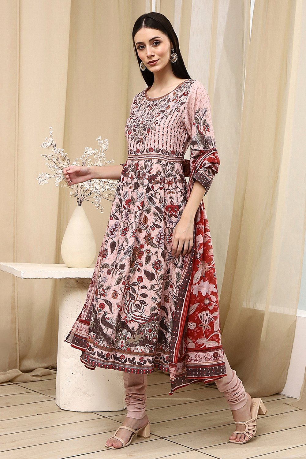 Beige Cotton Anarkali Kurta Churidar Suit Set image number 3