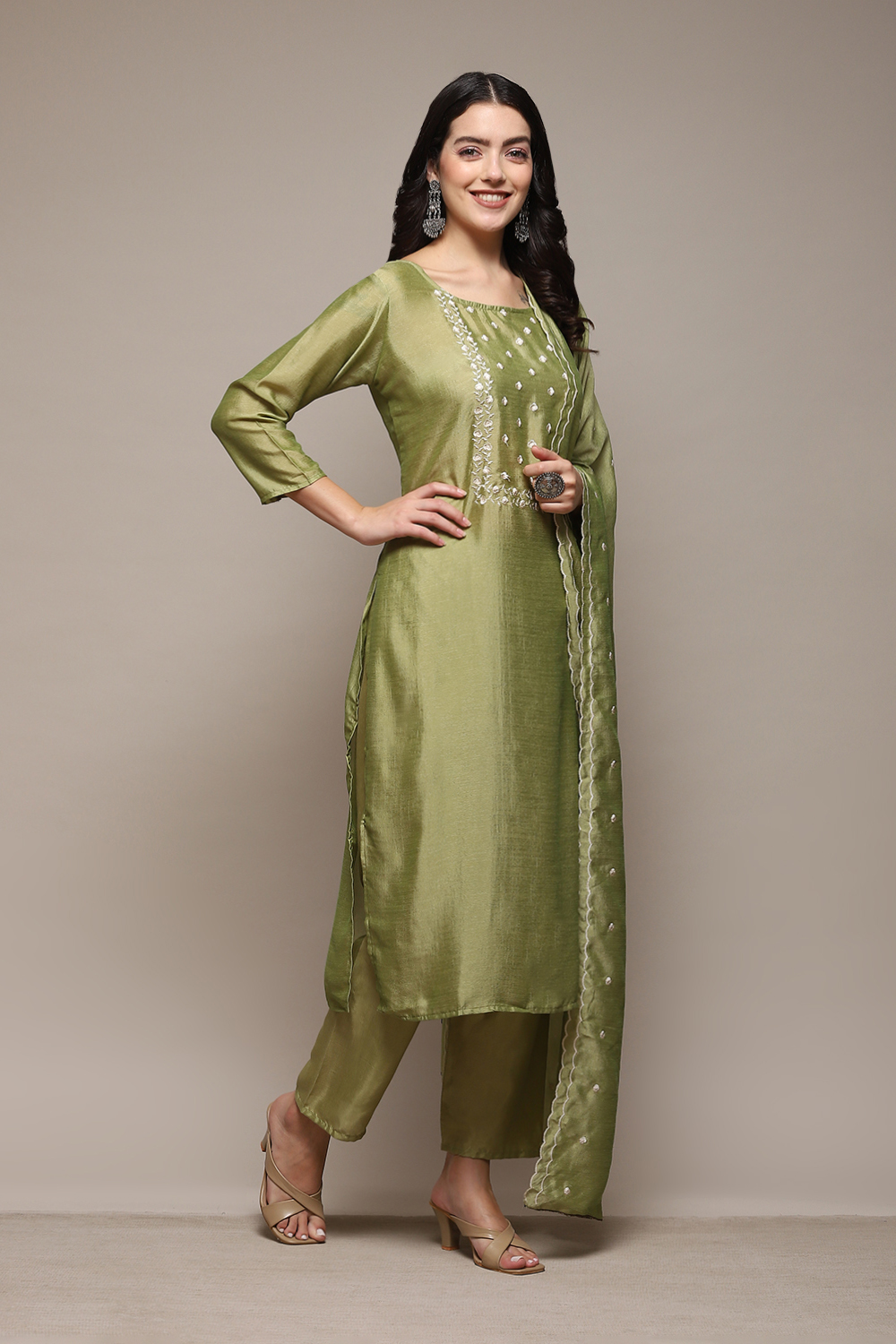 Olive Green Silk Blend Unstitched Suit Set image number 7