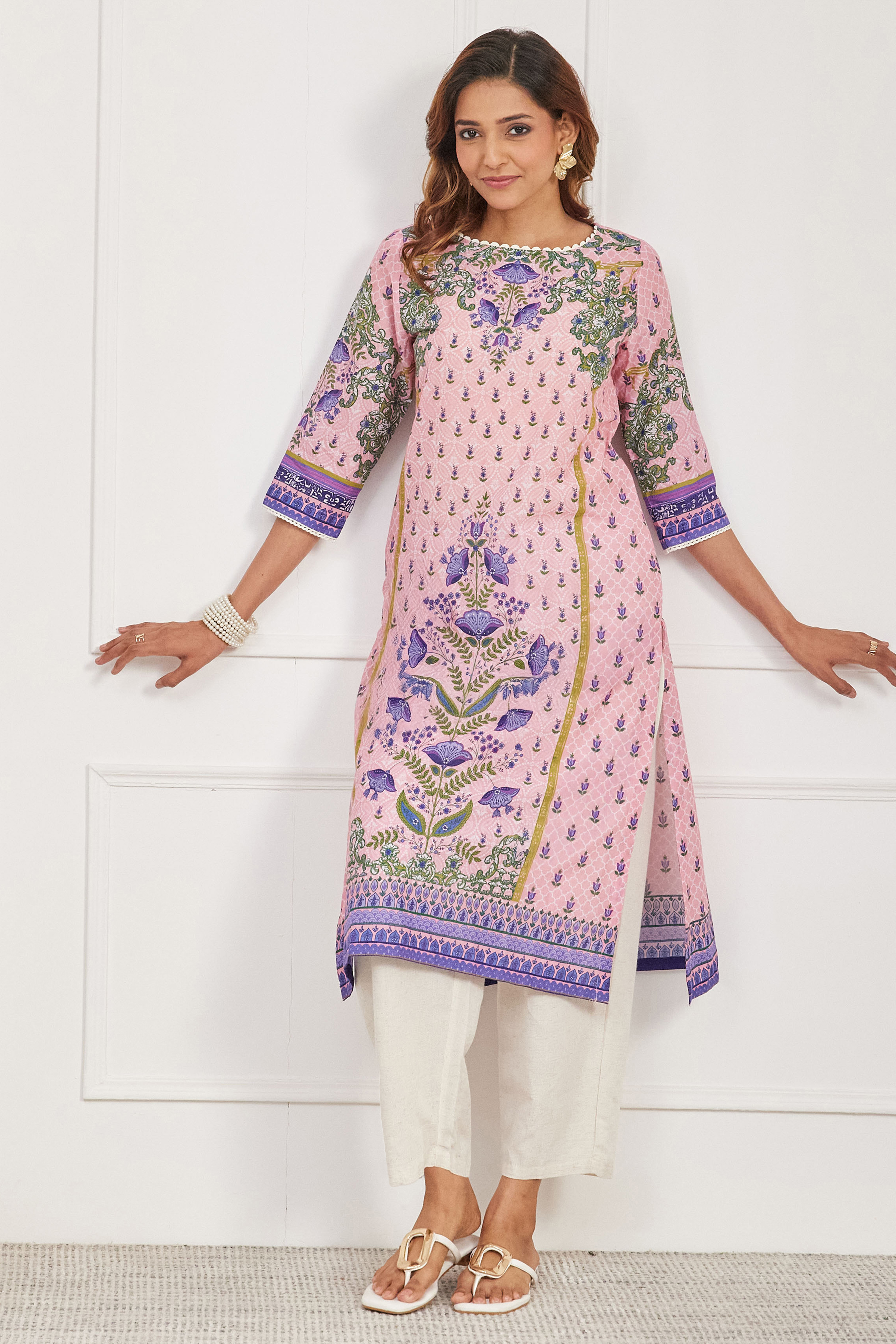 Pink Cotton Printed Straight Kurta image number 5
