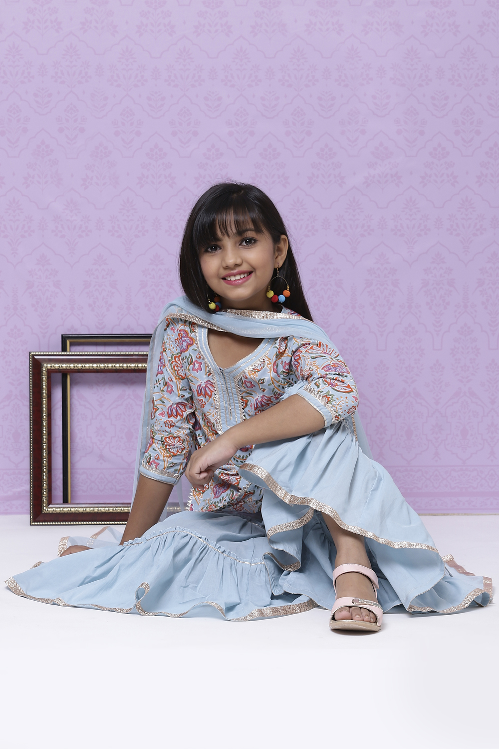 Powder Blue Cotton Girls Sharara Kurta Sharara Suit Set image number 0