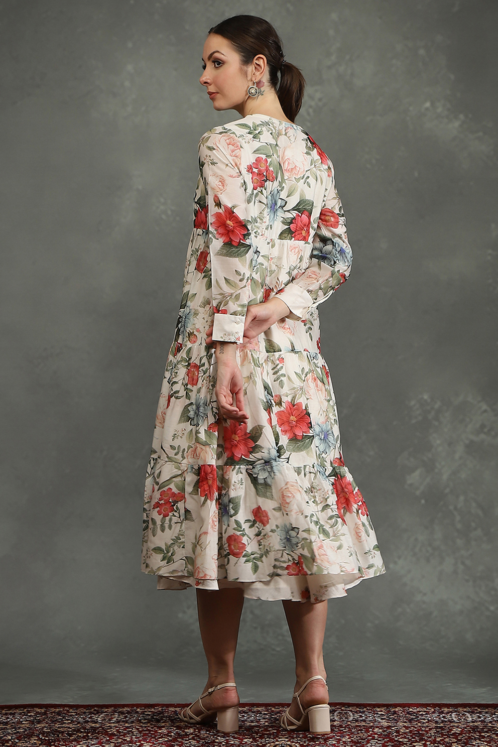 Ivory Silk Chanderi Floral Front-Open Dress image number 3