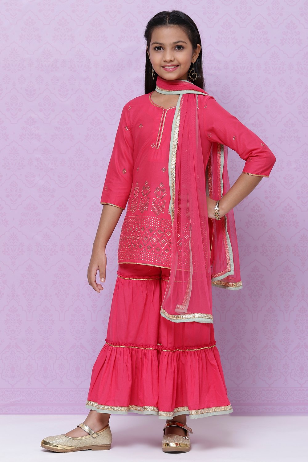 Fuchsia Cotton Girls Straight Kurta Sharara Suit Set image number 4