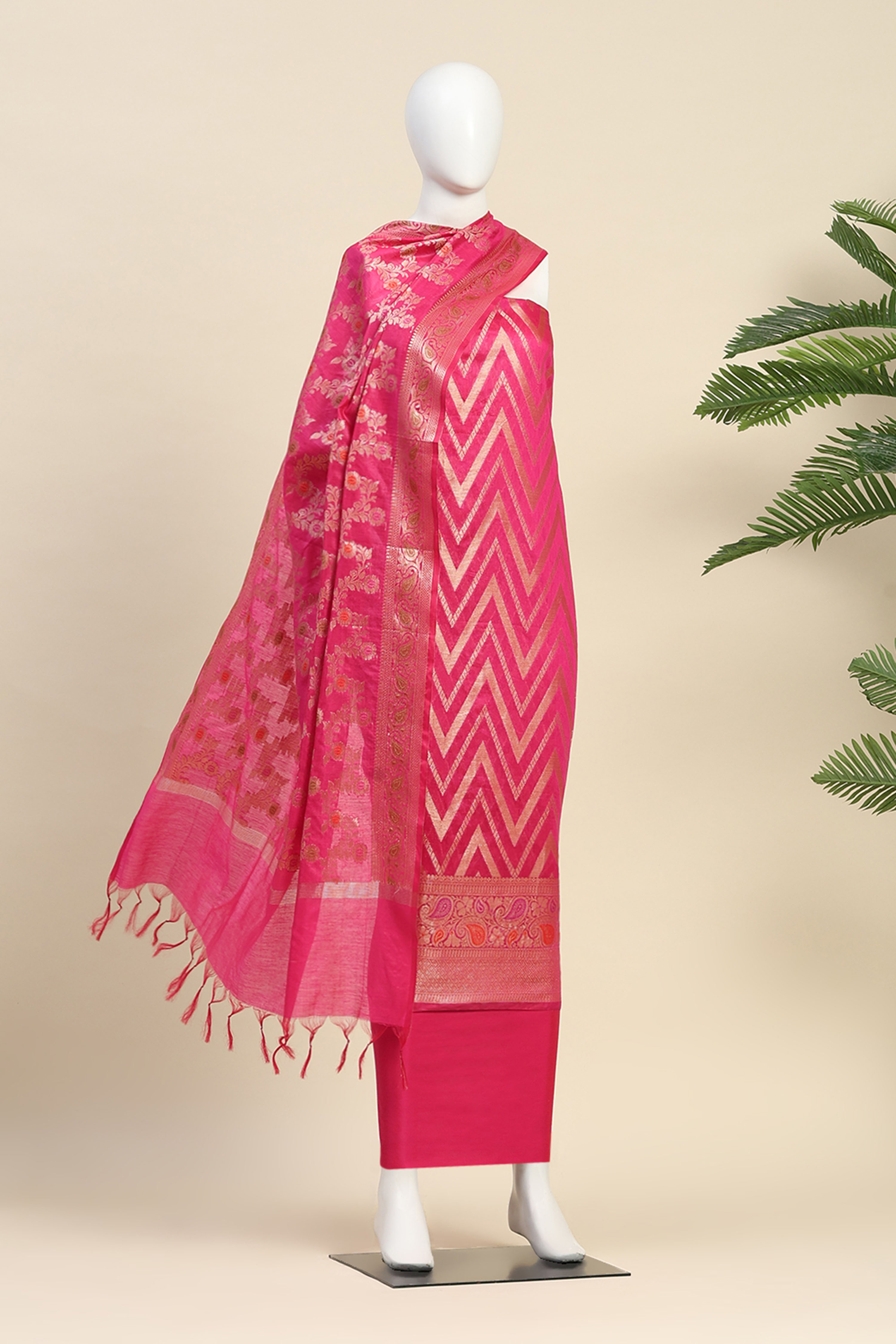 Hot Pink Poly Cotton Banarasi Unstitched Suit Set image number 4