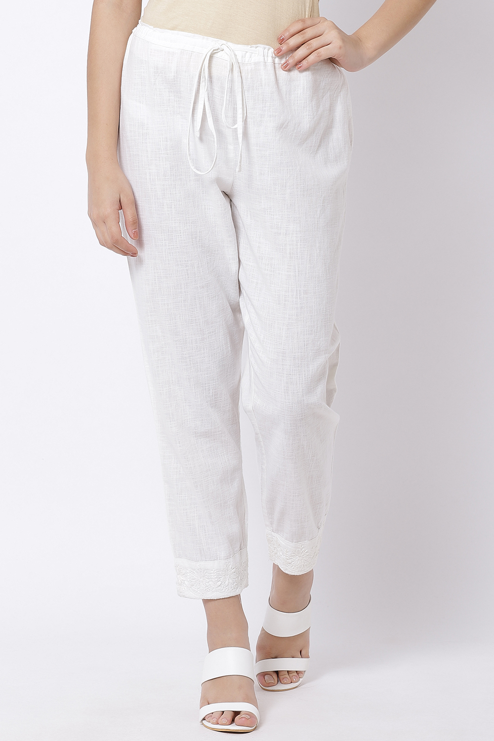 White Cotton Chikankari Pants image number 0