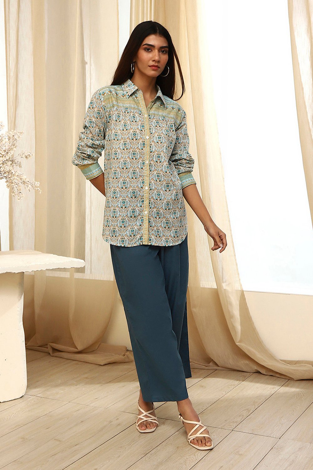 Blue Cotton Printed Straight Shirt image number 0