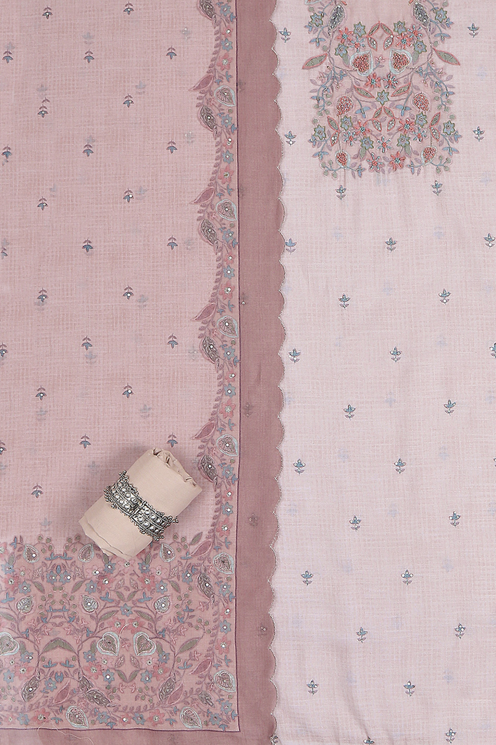 Peach Linen Blend Hand Embroidered Unstitched Suit Set image number 1