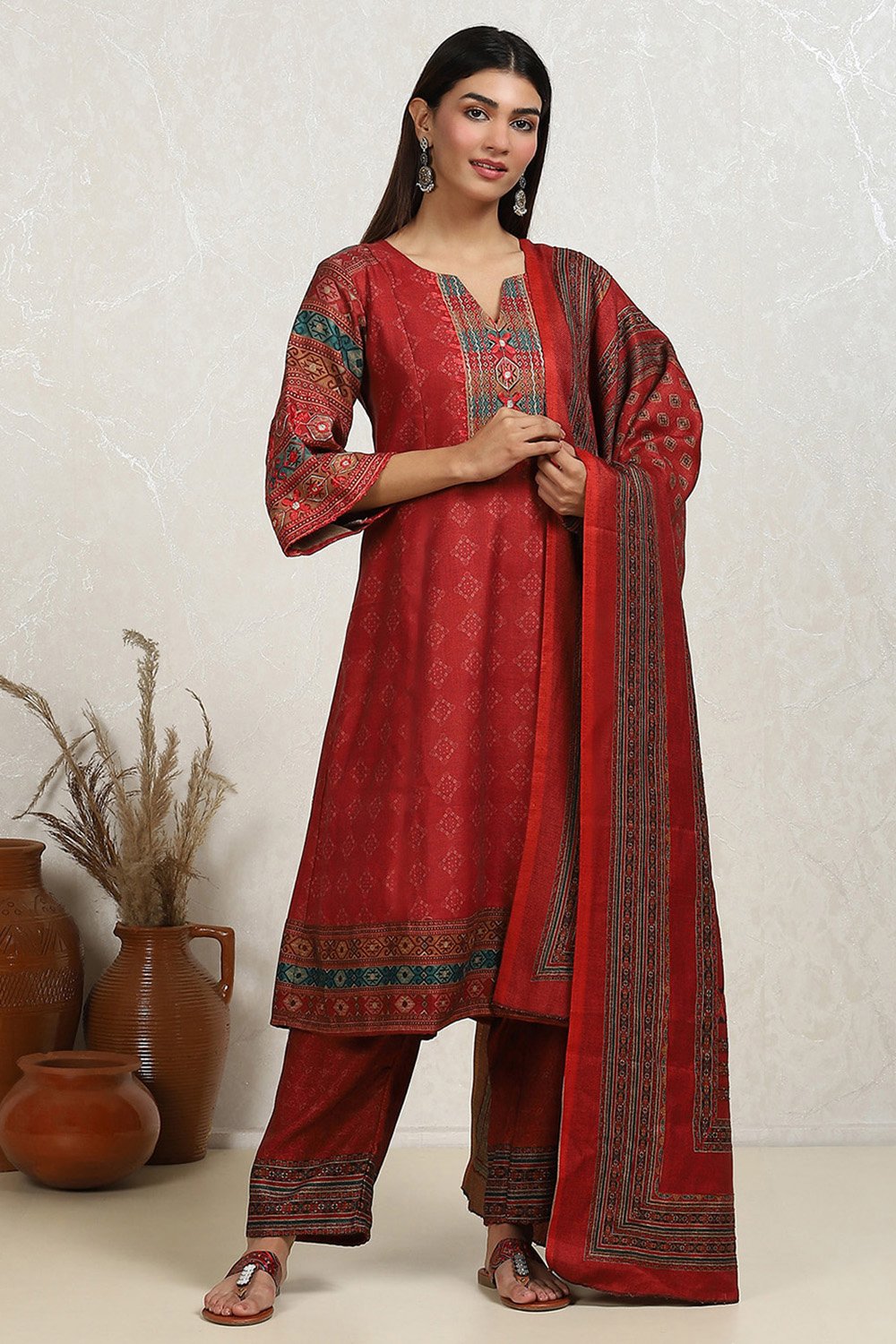 Orange Pashmina Machine Embroidery Unstitched Suit Set image number 6