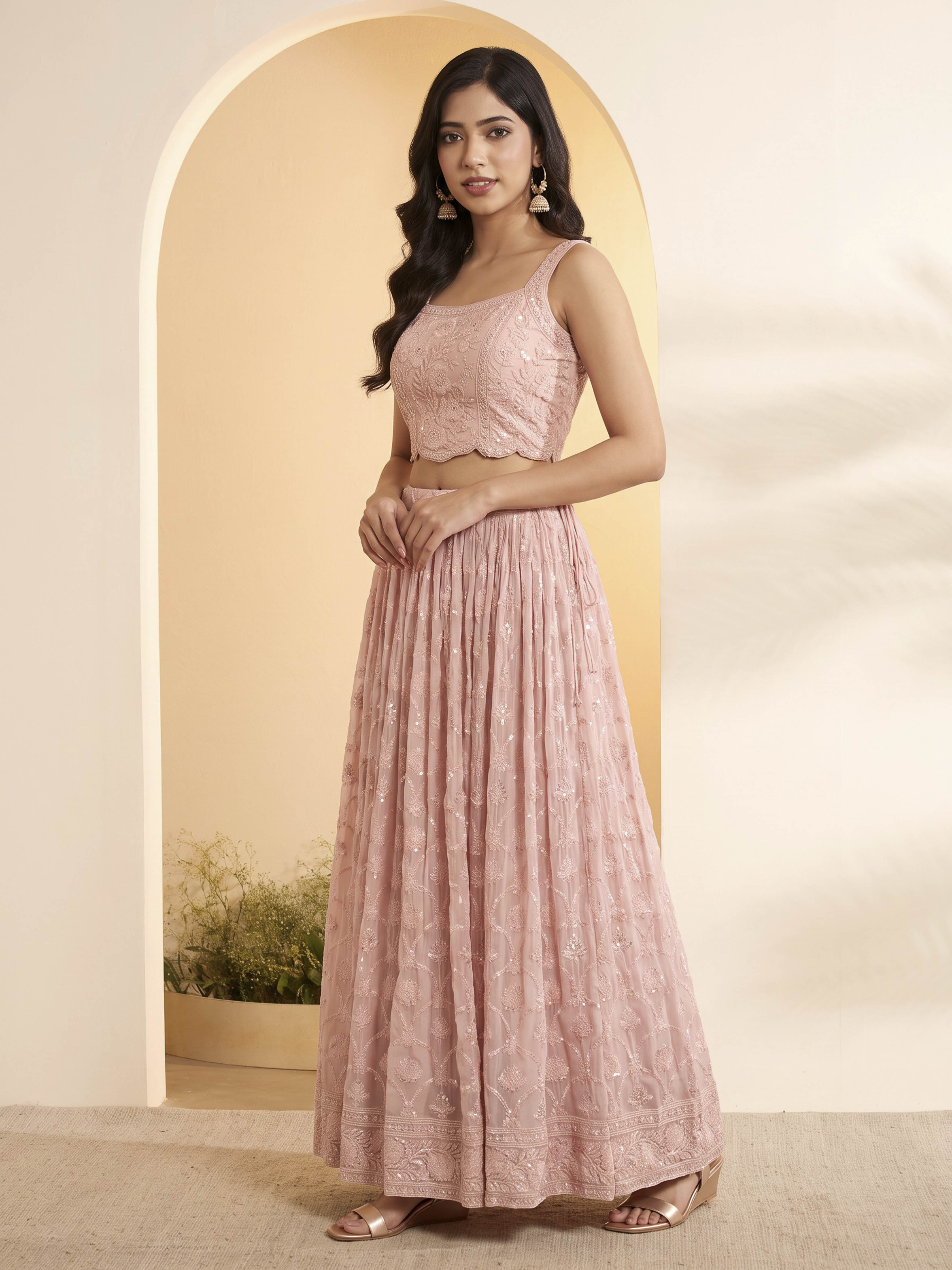 Pink Viscose Rayon Embellished Kalidar Lehenga Set image number 2