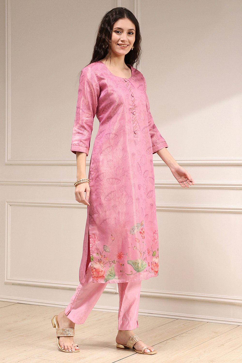 Pink Cotton Printed Unstitched Suit Set image number 6