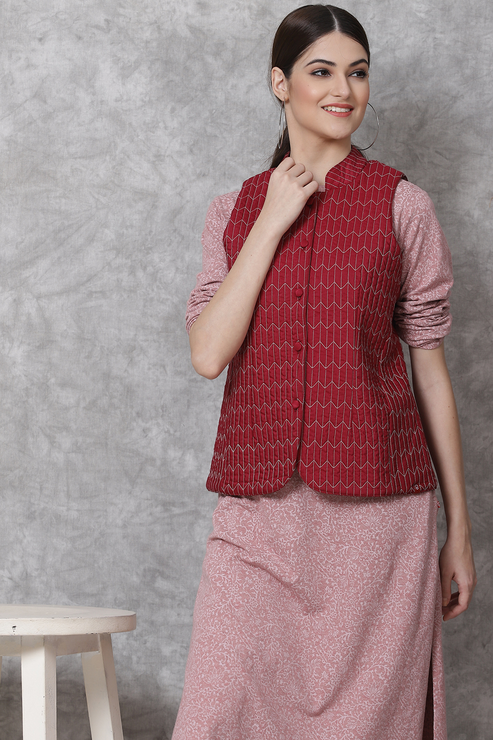 Wine Straight Art Silk Printed Jacket image number 5