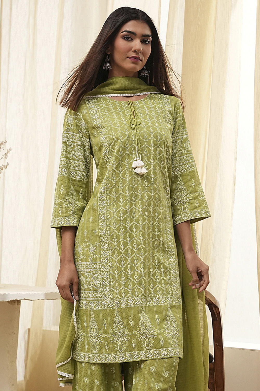 Mehendi Green Cotton Printed Straight Suit Set image number 7