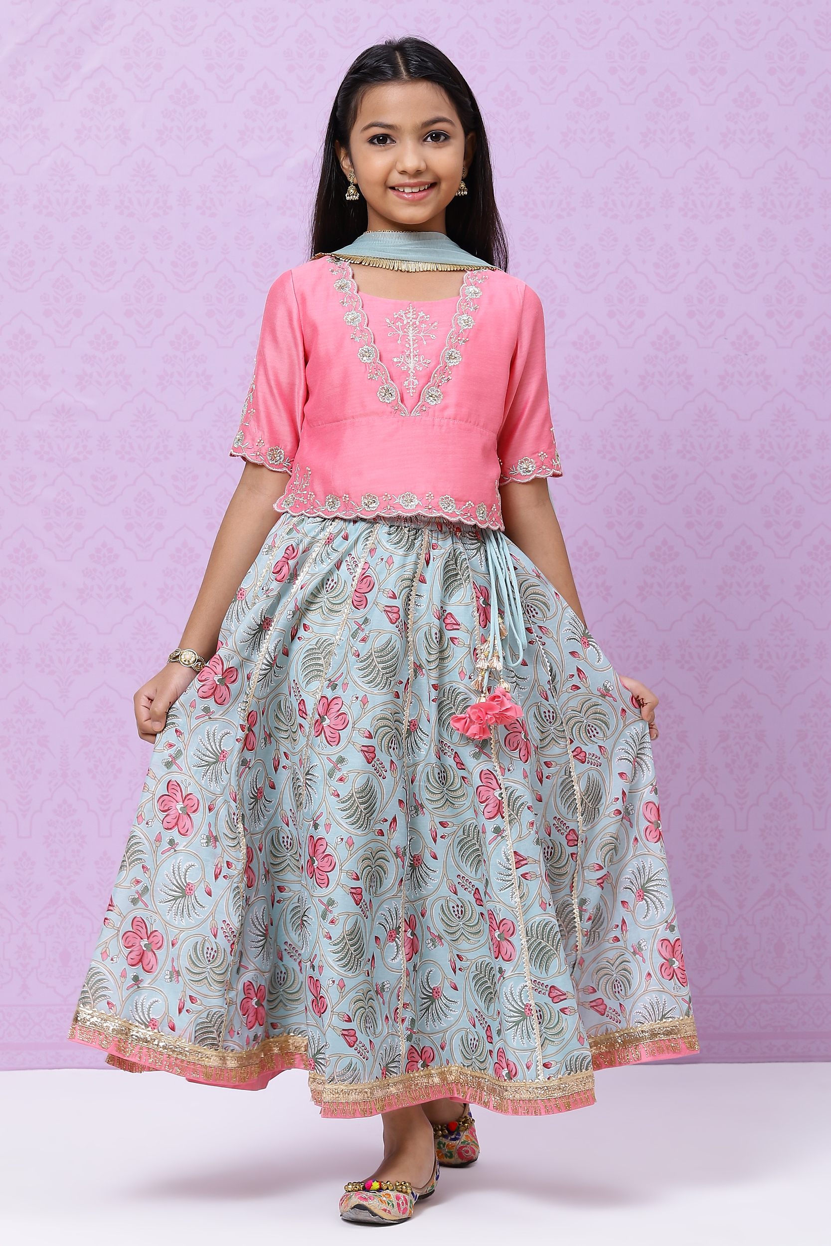 Pink And Turq Straight Poly Cotton Girls Lehenga Set image number 4