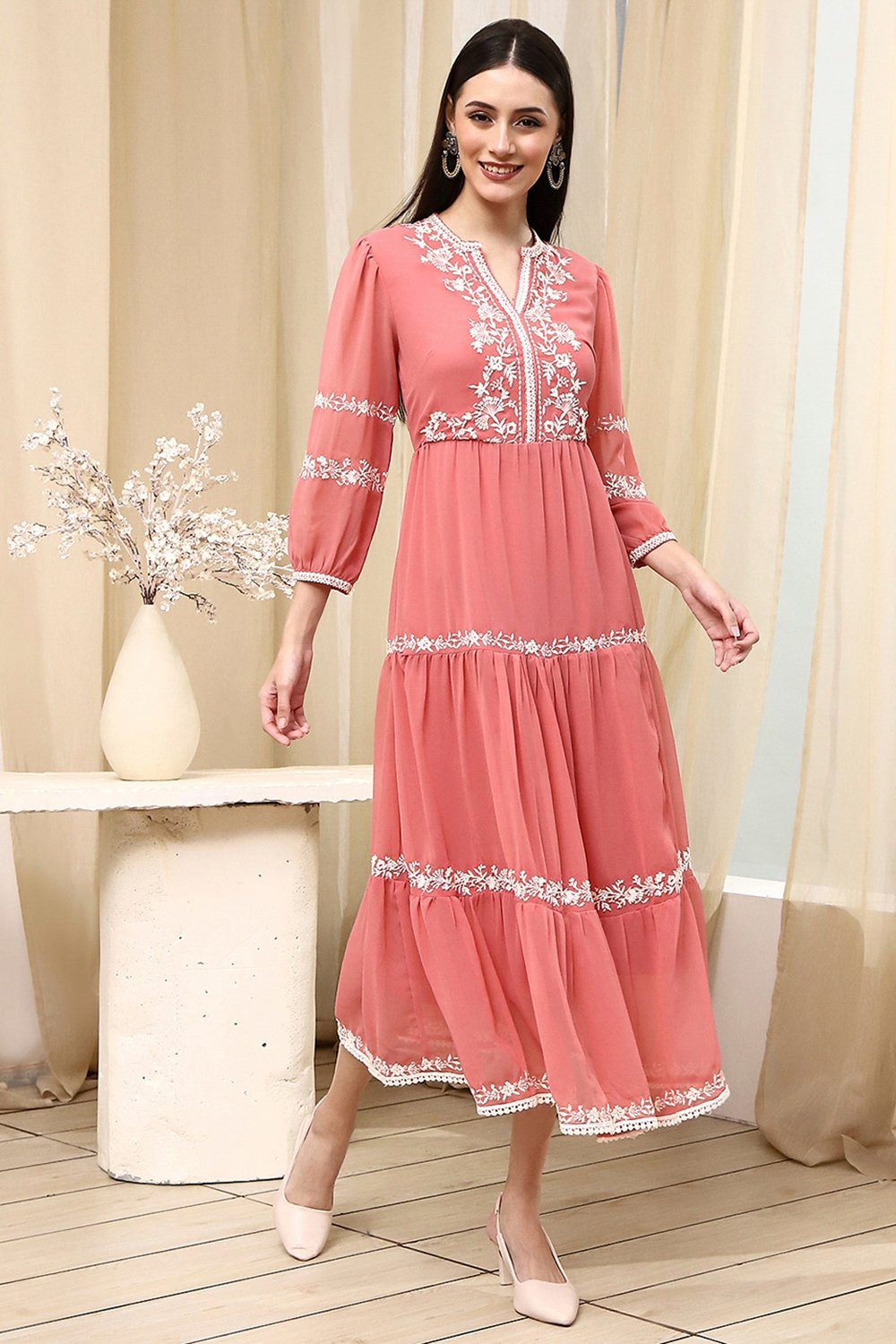 Light Pink Polyester Tiered Dress image number 4