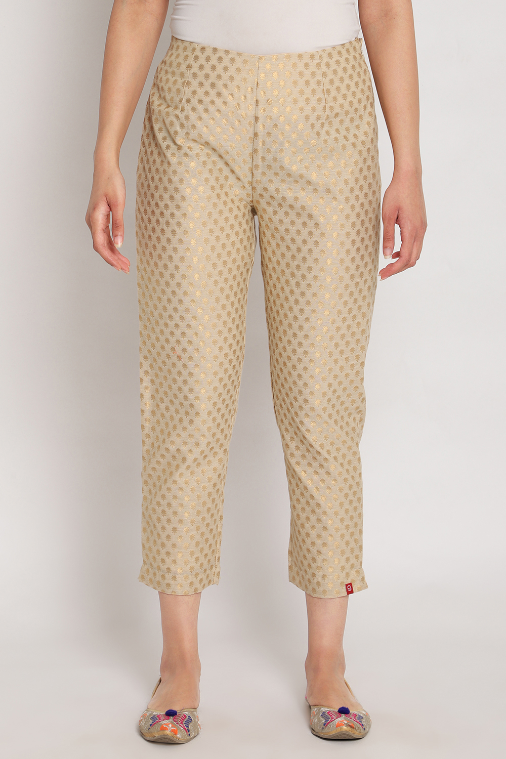 Beige Poly Metallic Cotton Pants image number 0