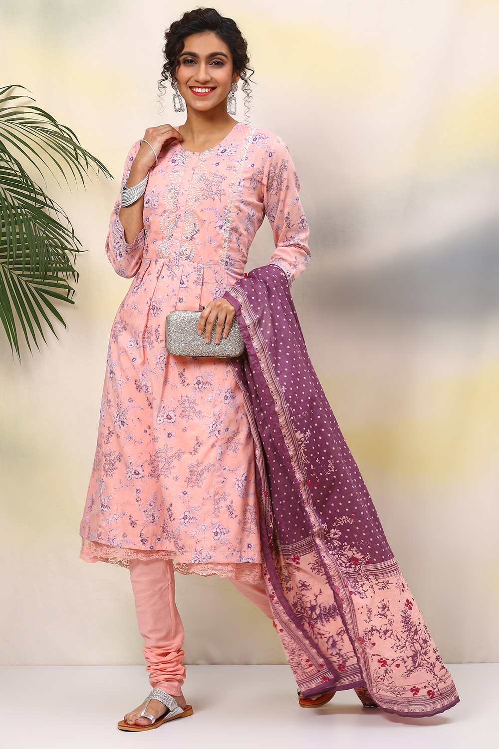 Pink Cotton A-Line Kurta Churidar Suit Set image number 8