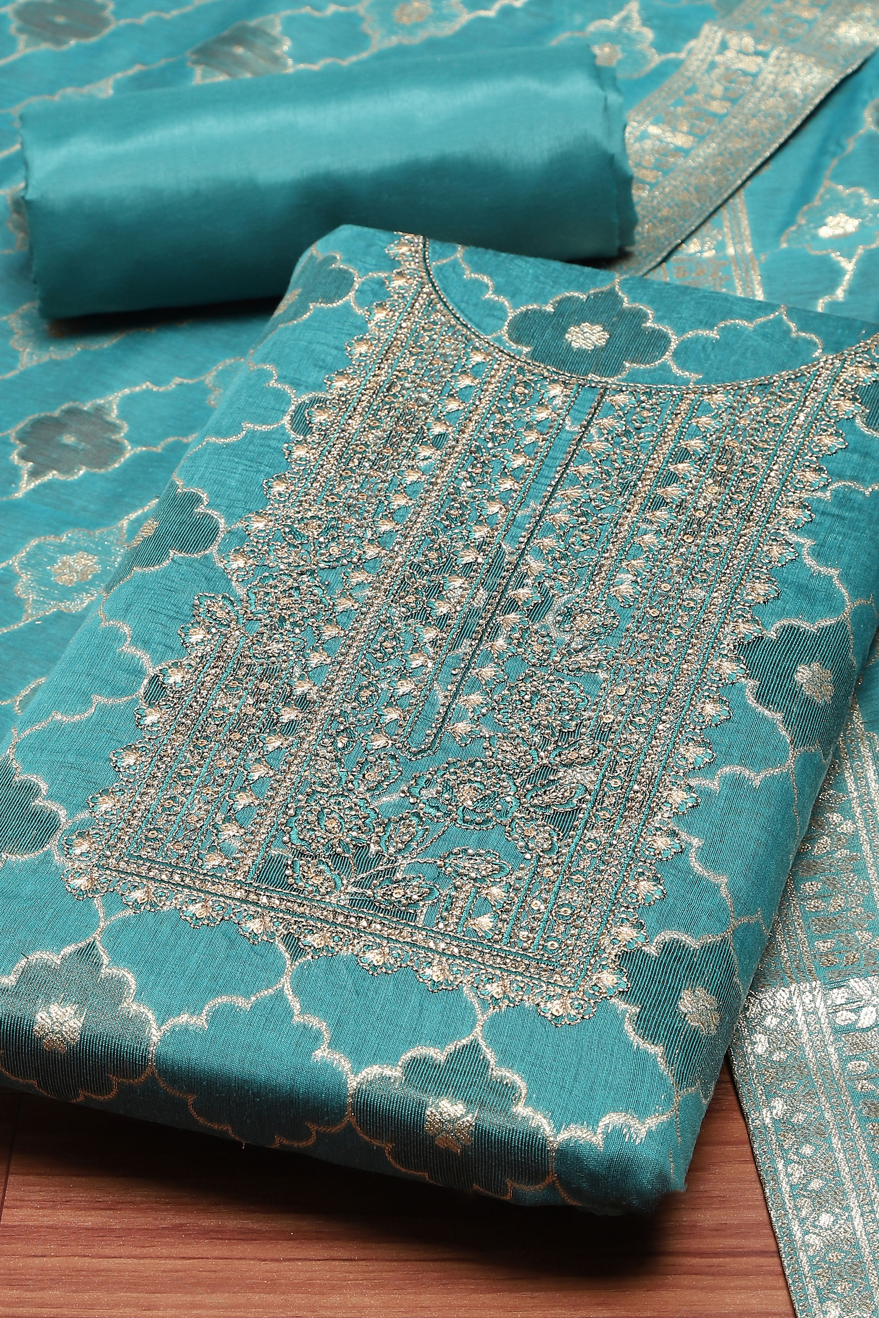 Lavender Tissue Chanderi Embroidered Unstitched Suit Set image number 1