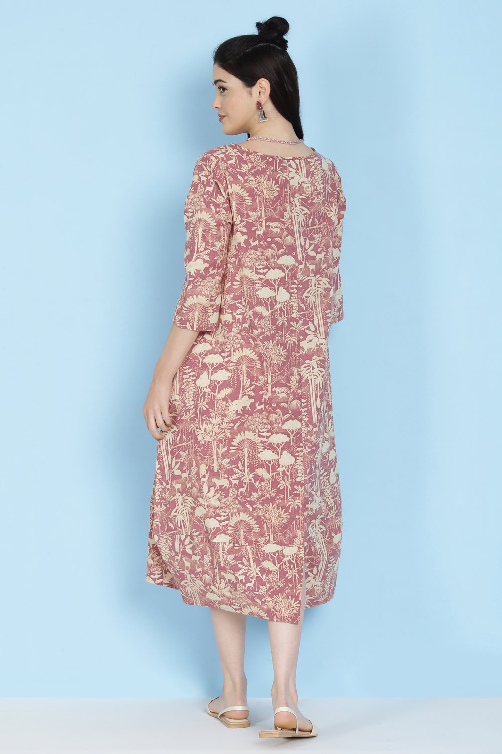 Mauve Cotton Flax Printed Kurta Dress image number 5
