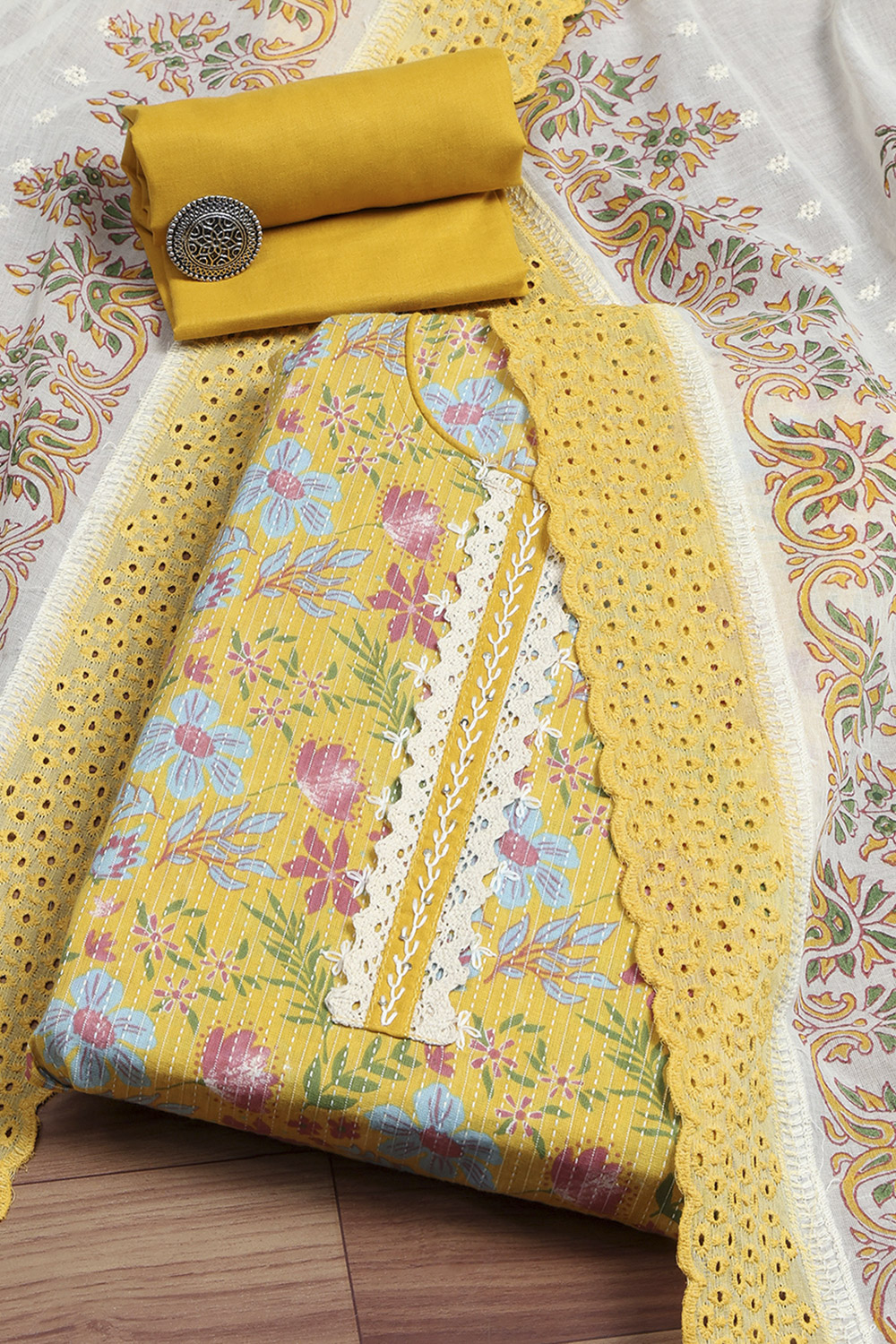Turquoise Chanderi Handloom Unstitched Suit Set image number 0