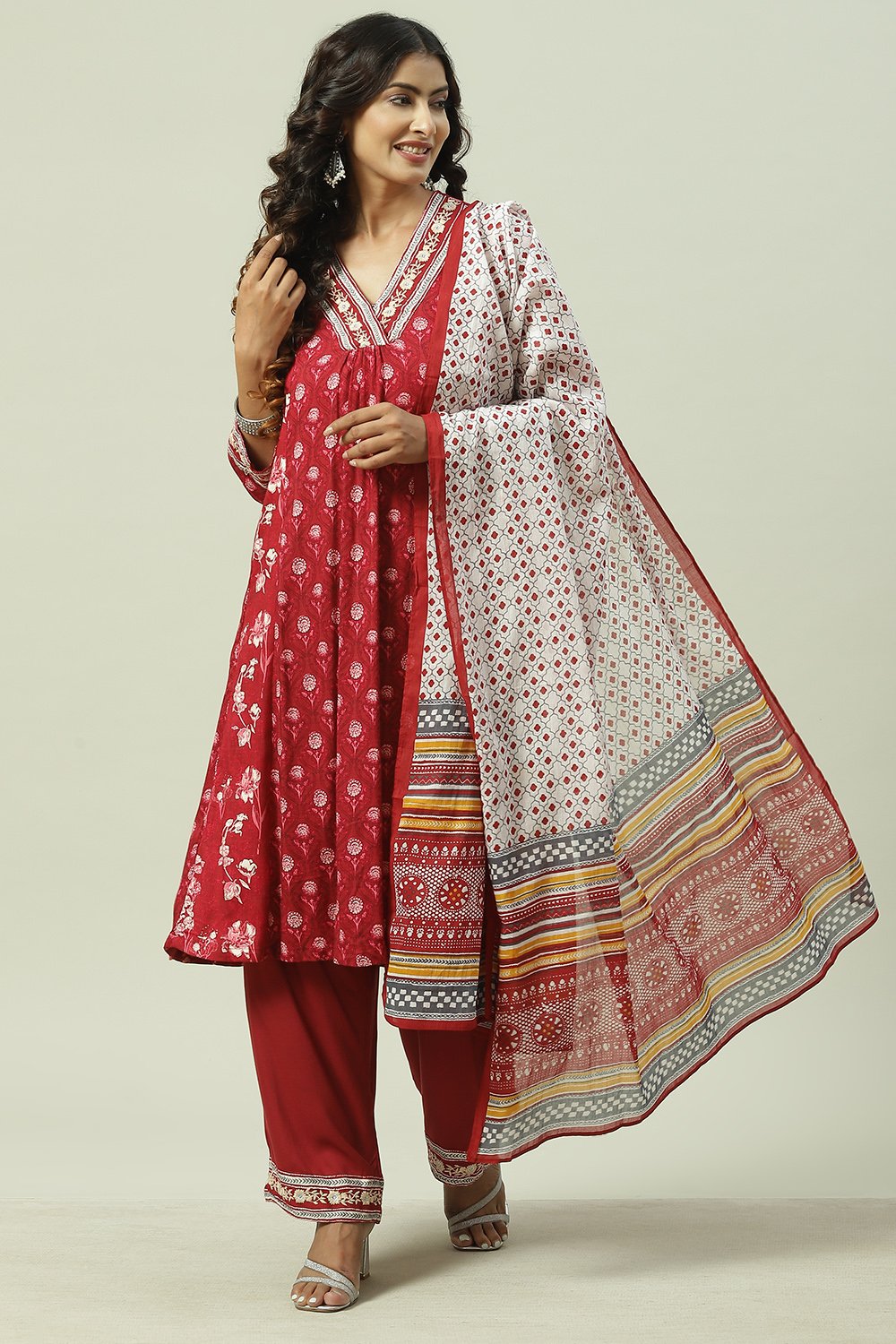 Charcoal LIVA A-Line Kurta Palazzo Suit Set image number 6