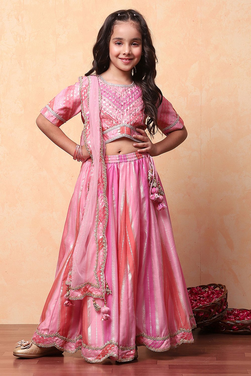 Pink Poly Chanderi Printed Flared Festive Lehenga Set image number 6
